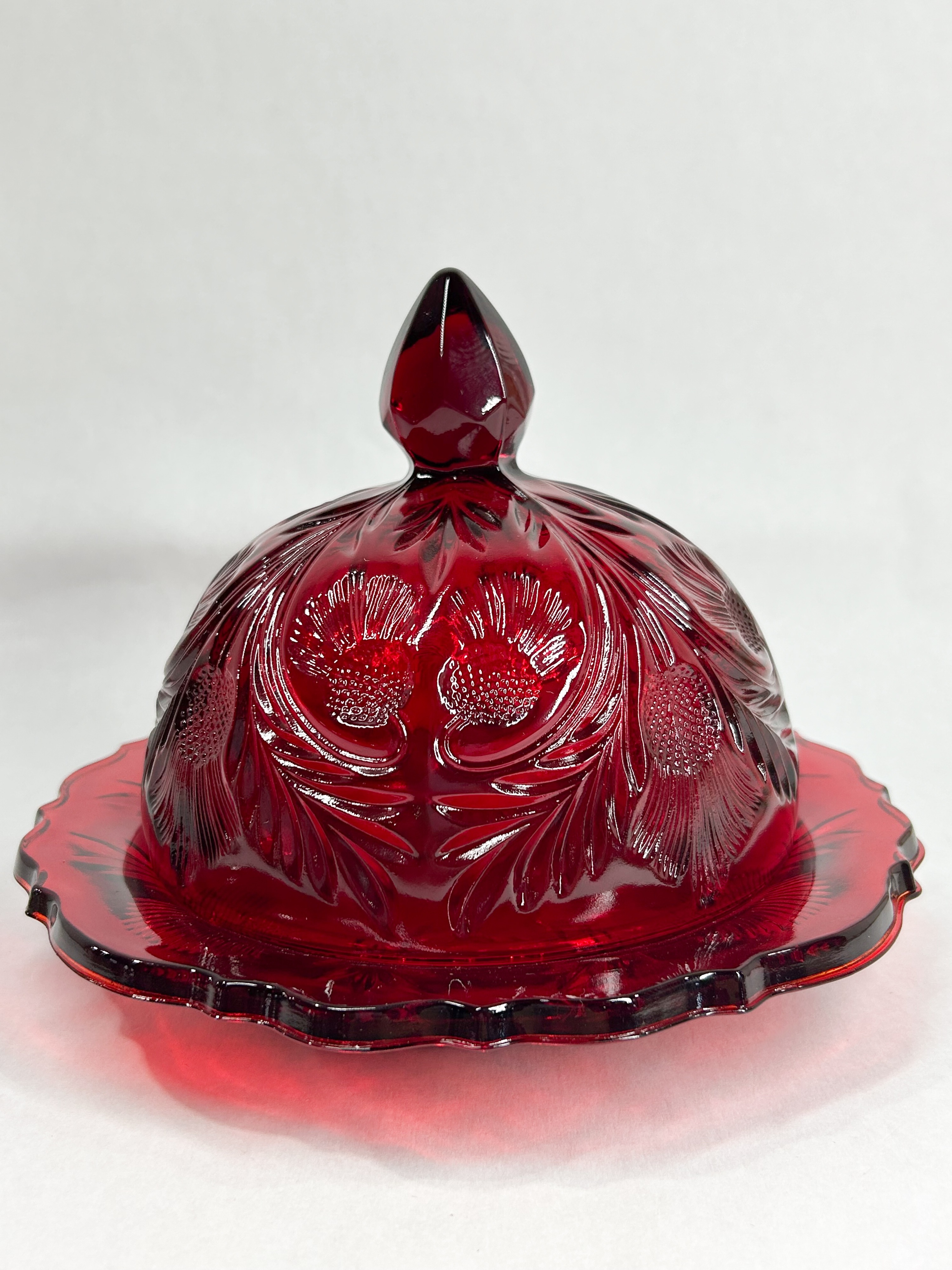MOSSER THISTLE PATTERN RUBY GLASS BUTTER DISH