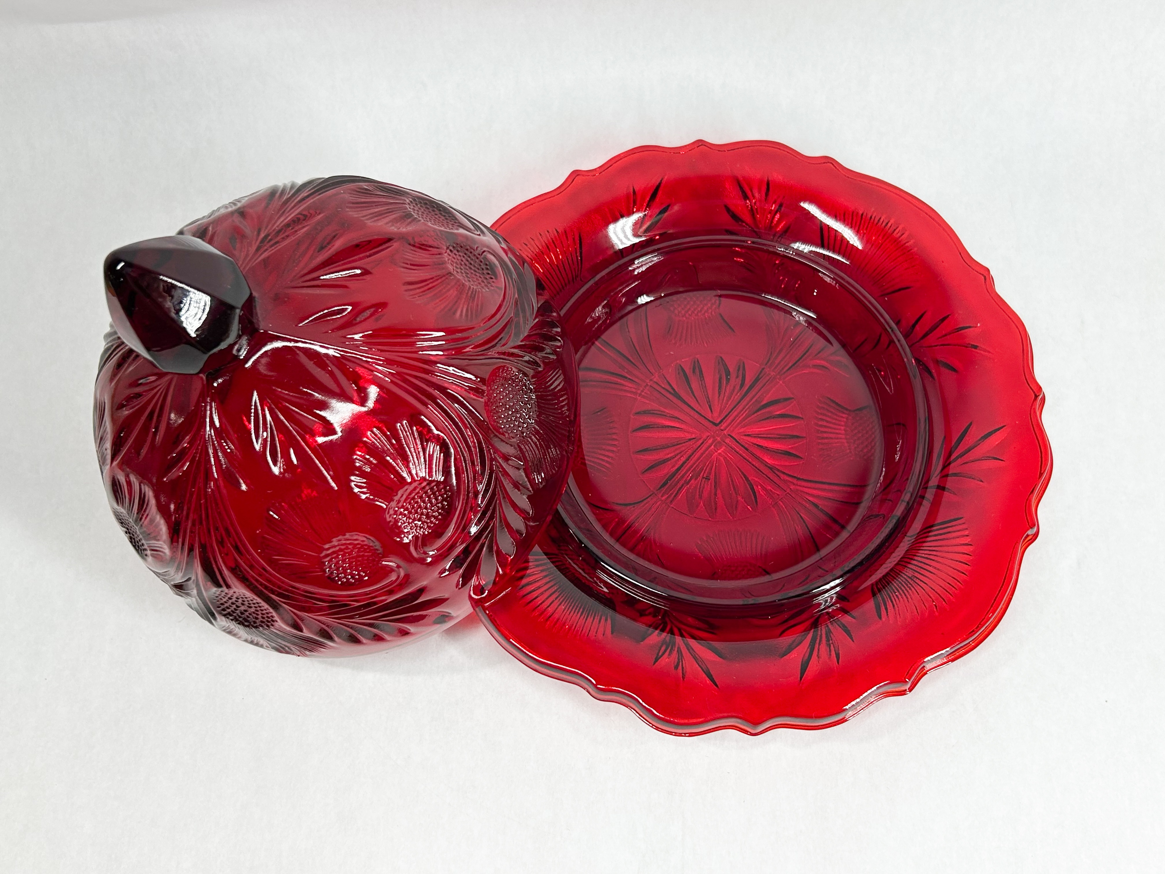 MOSSER THISTLE PATTERN RUBY GLASS BUTTER DISH