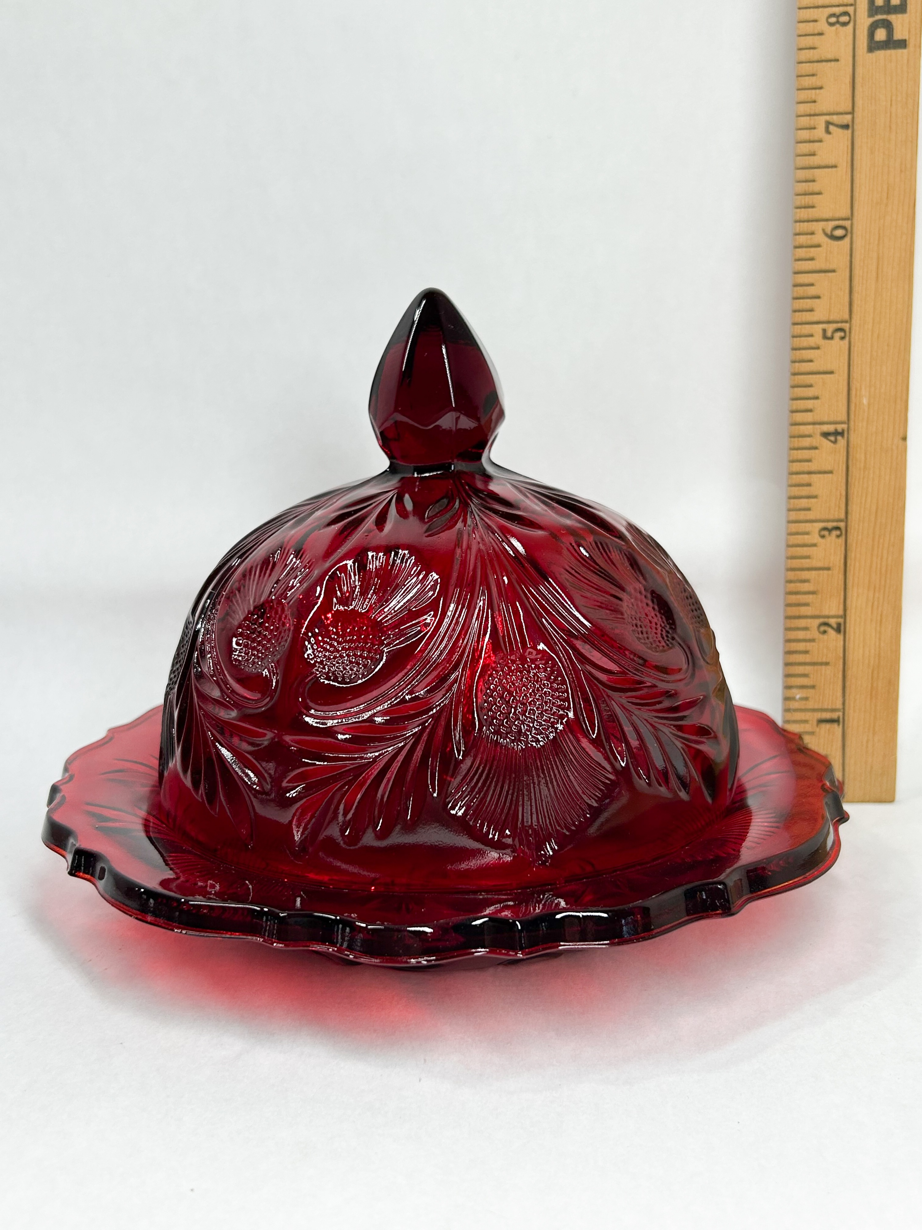 MOSSER THISTLE PATTERN RUBY GLASS BUTTER DISH
