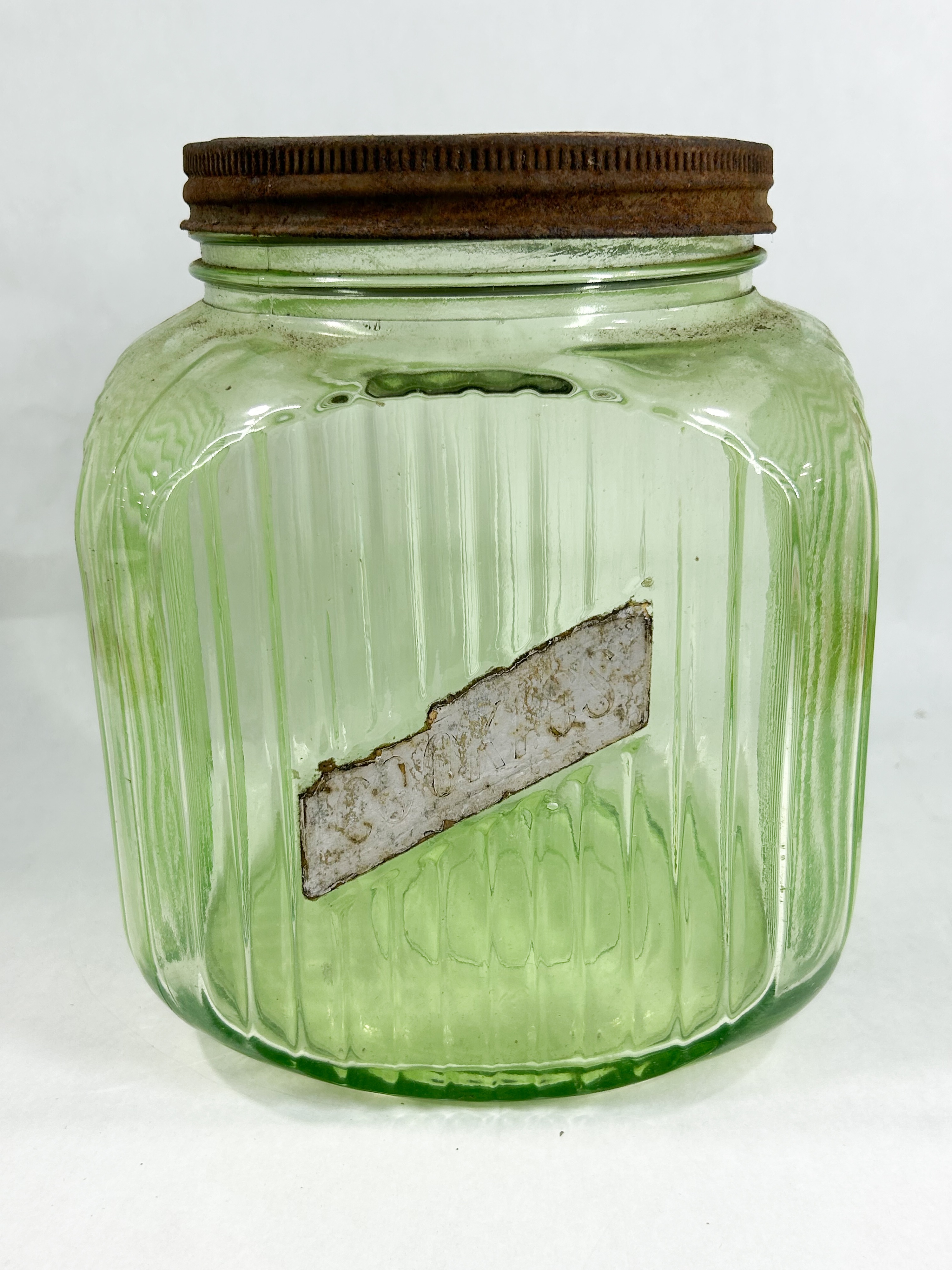 RIBBED GREEN URANIUM GLASS CANISTER, 1930S