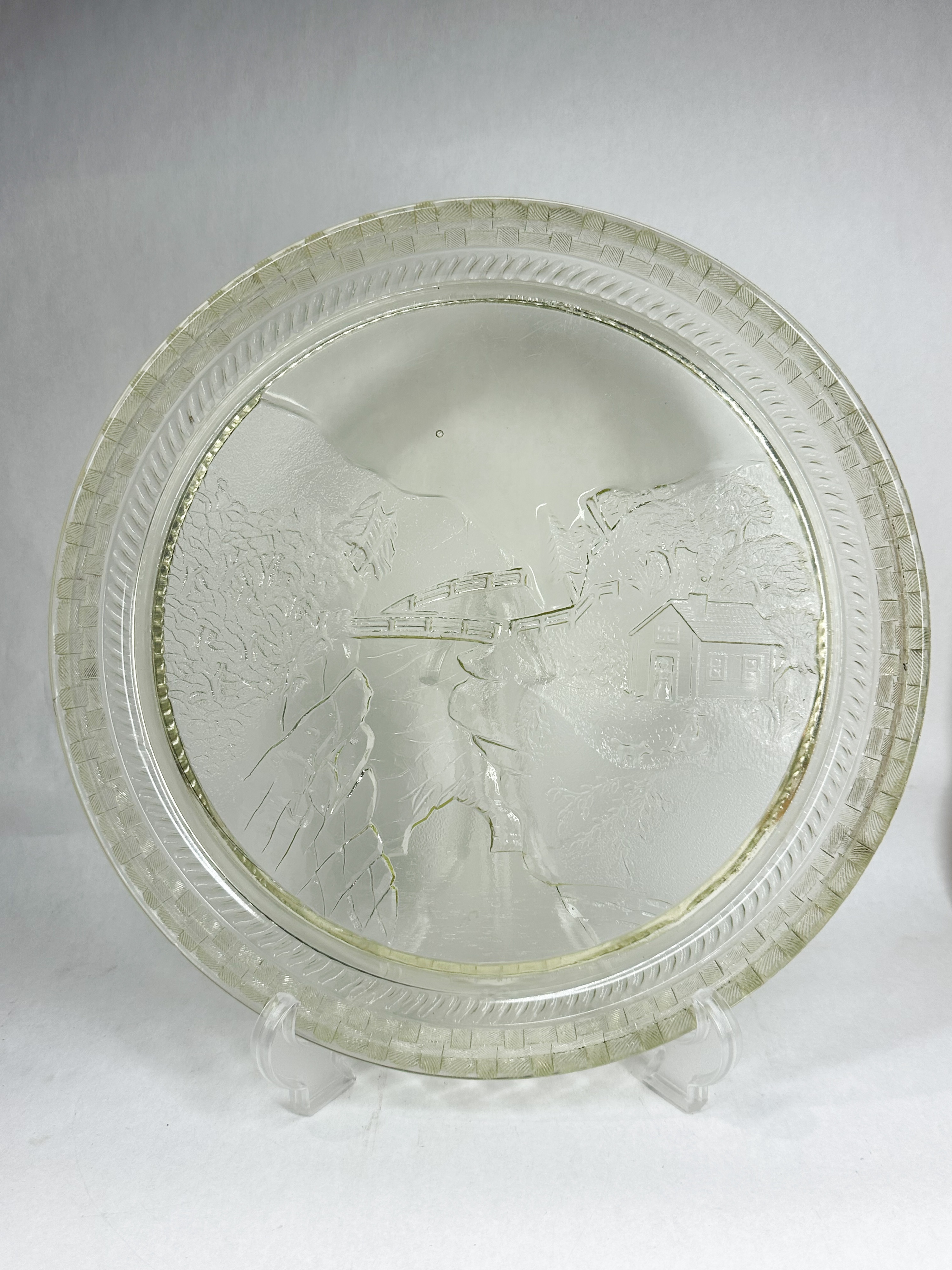 PRESSED GLASS LANDSCAPE PLATE WITH BASKETWEAVE BORDER