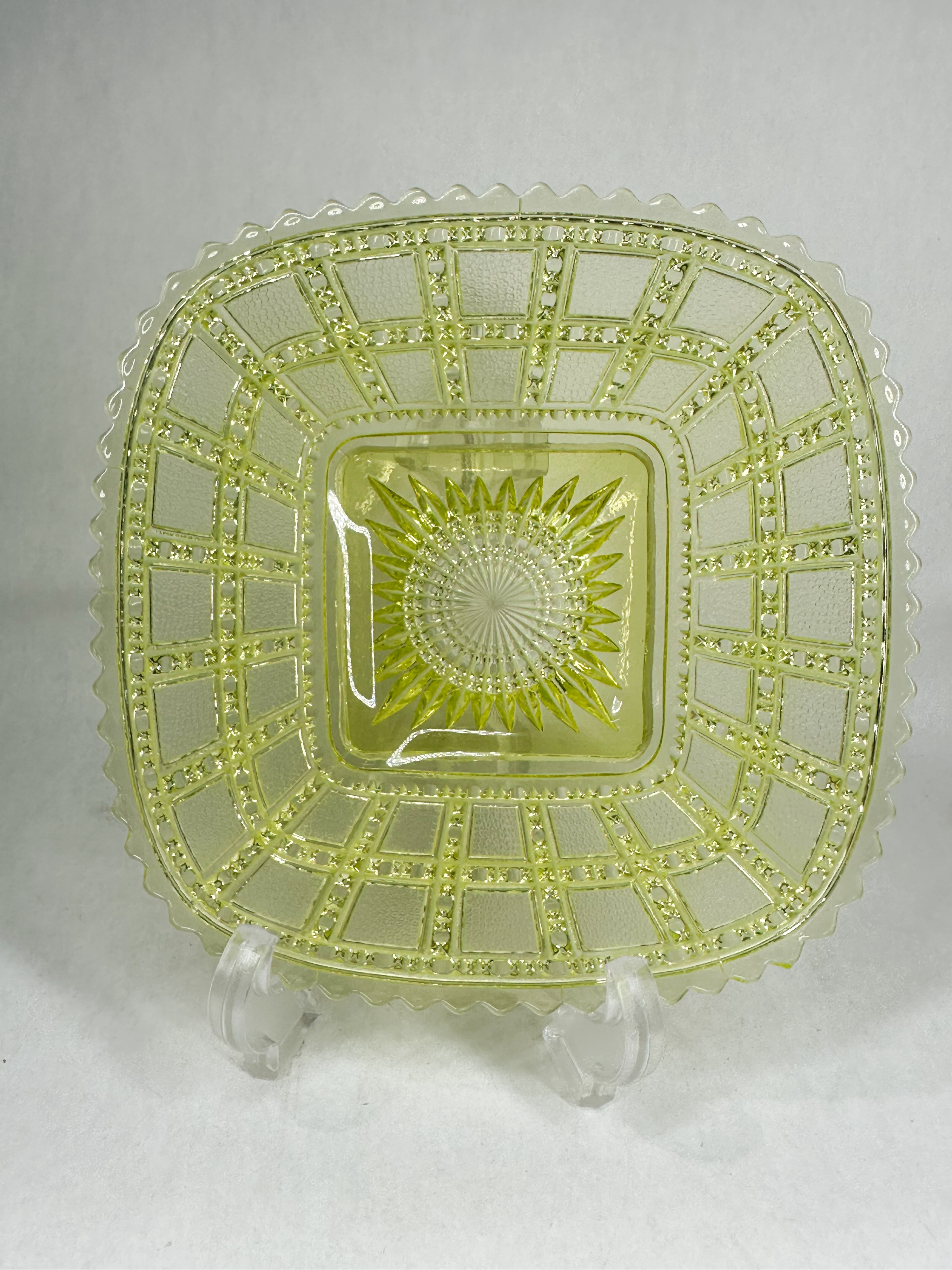 IMPERIAL GLASS BEADED BLOCK CANARY VASELINE BOWL