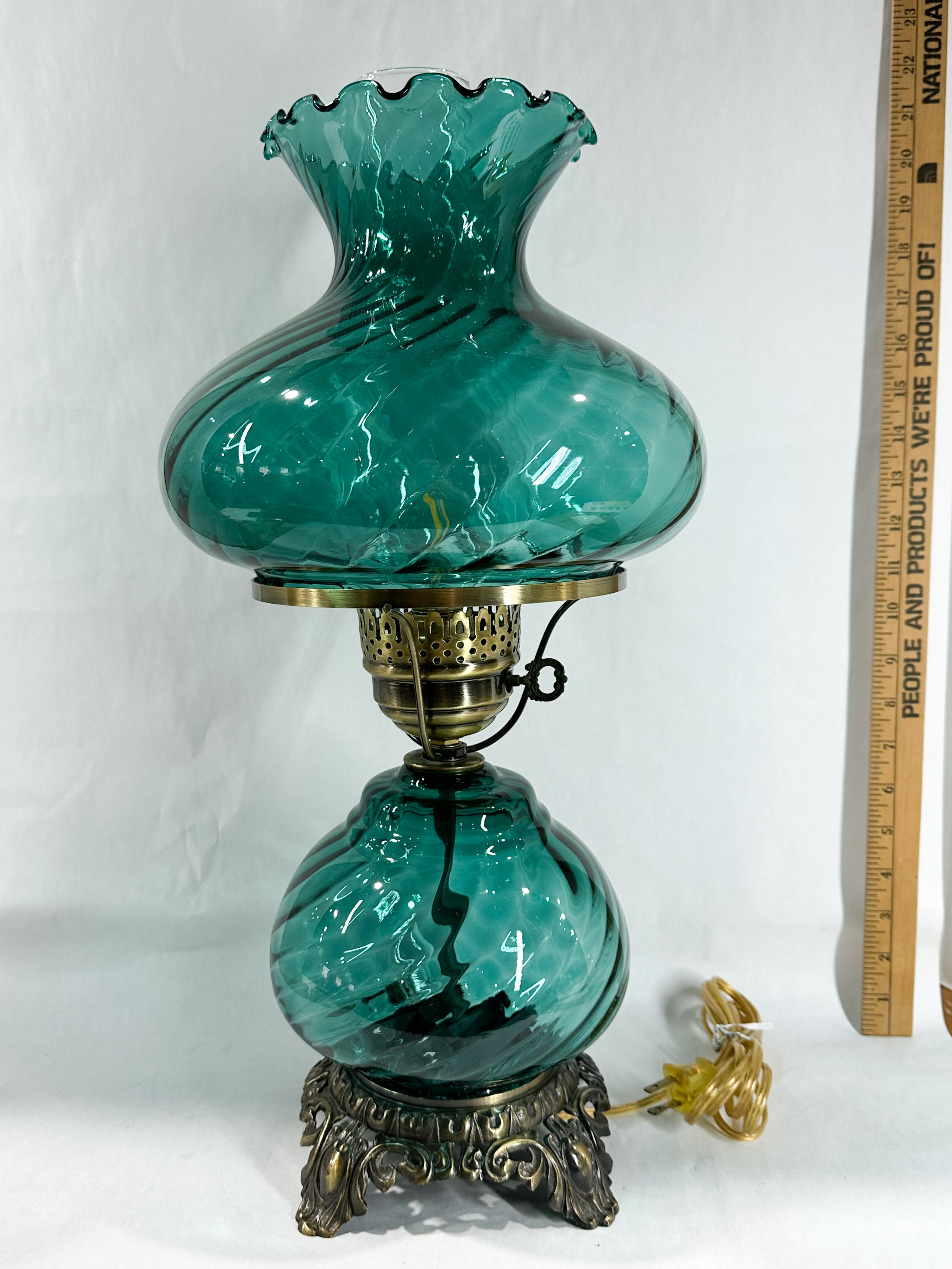 TEAL SWIRL GLASS HURRICANE LAMP