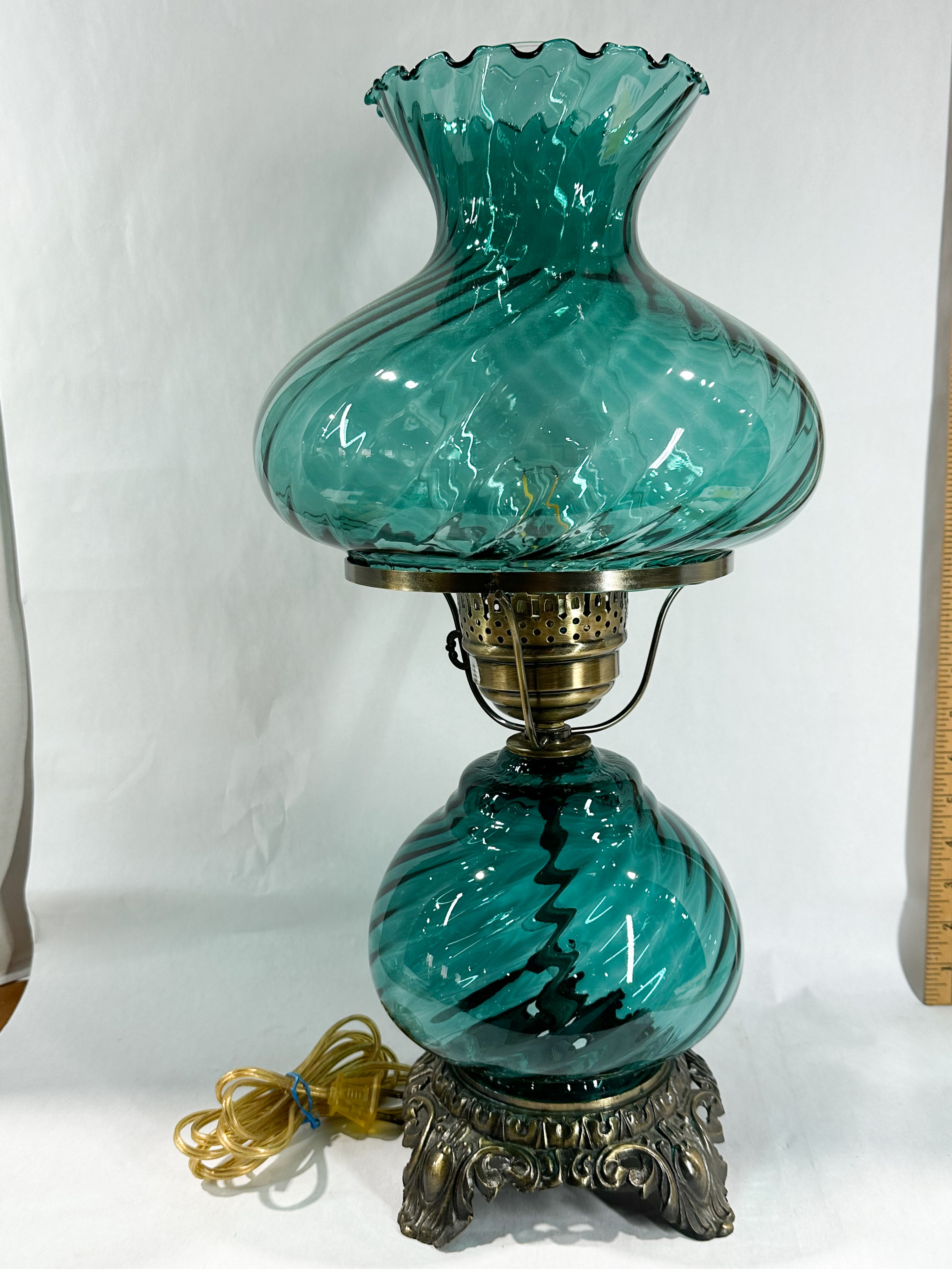 TEAL SWIRL GLASS HURRICANE LAMP
