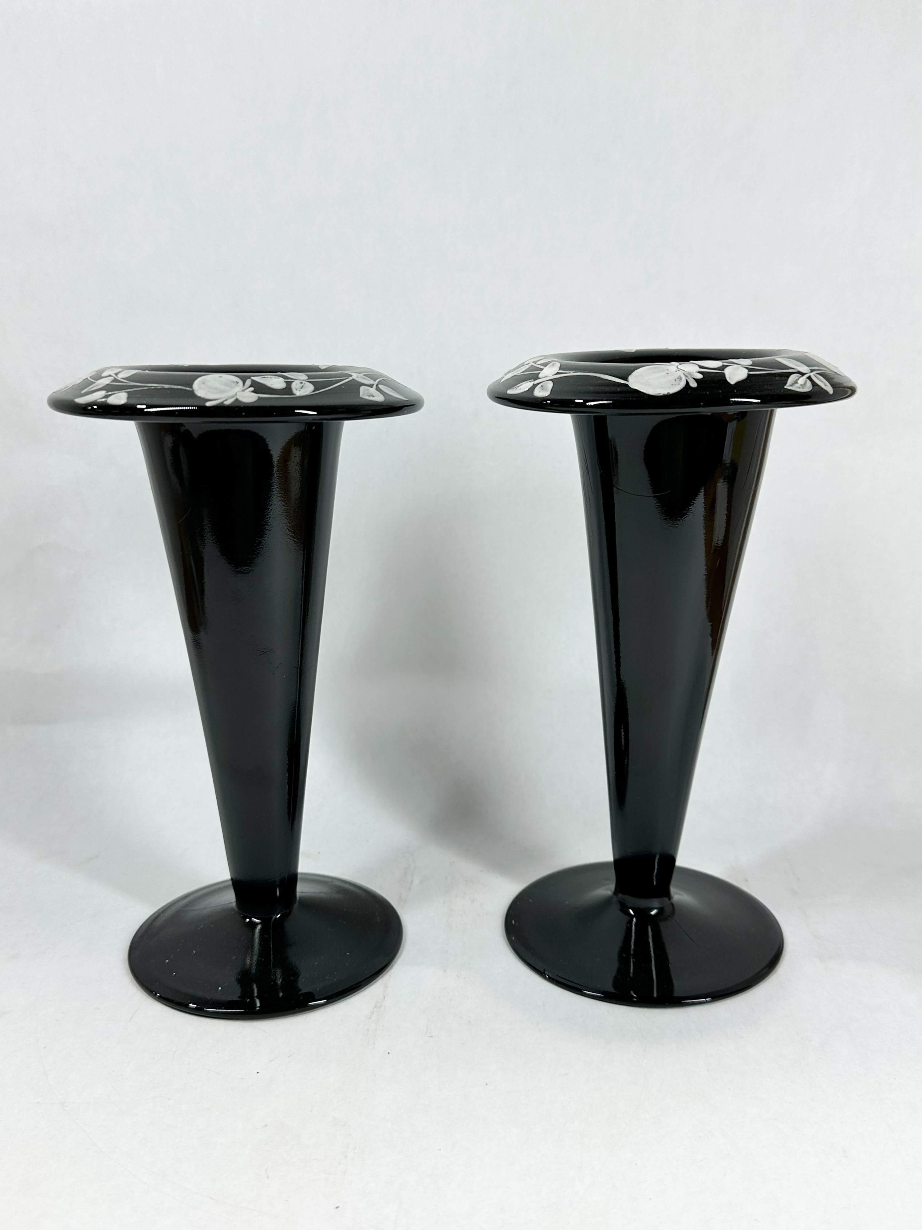 PAIR OF BLACK AMETHYST GLASS TRUMPET VASES