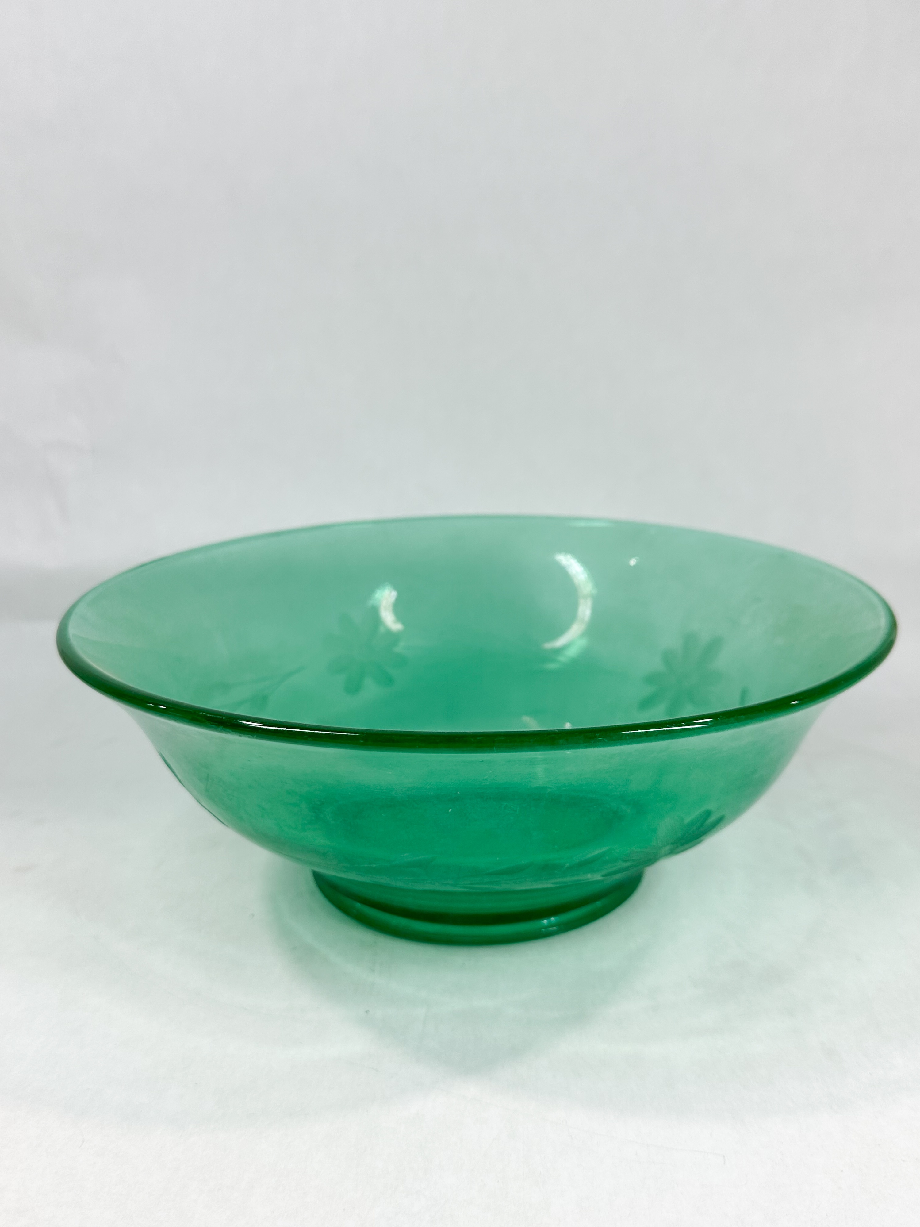 ETCHED GREEN URANIUM GLASS FOOTED BOWL