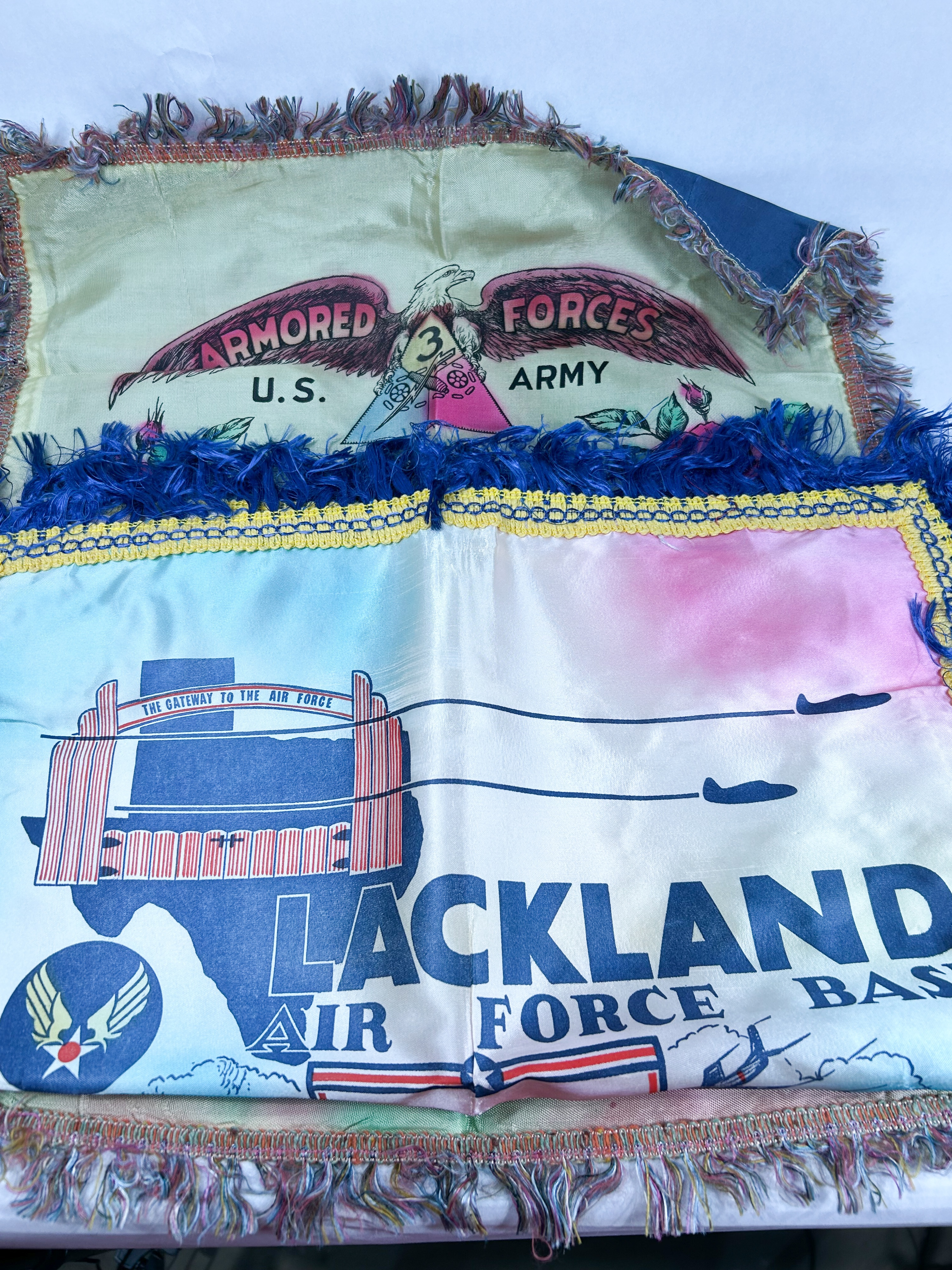 TWO MILITARY SOUVENIR ACETATE PILLOW COVERS