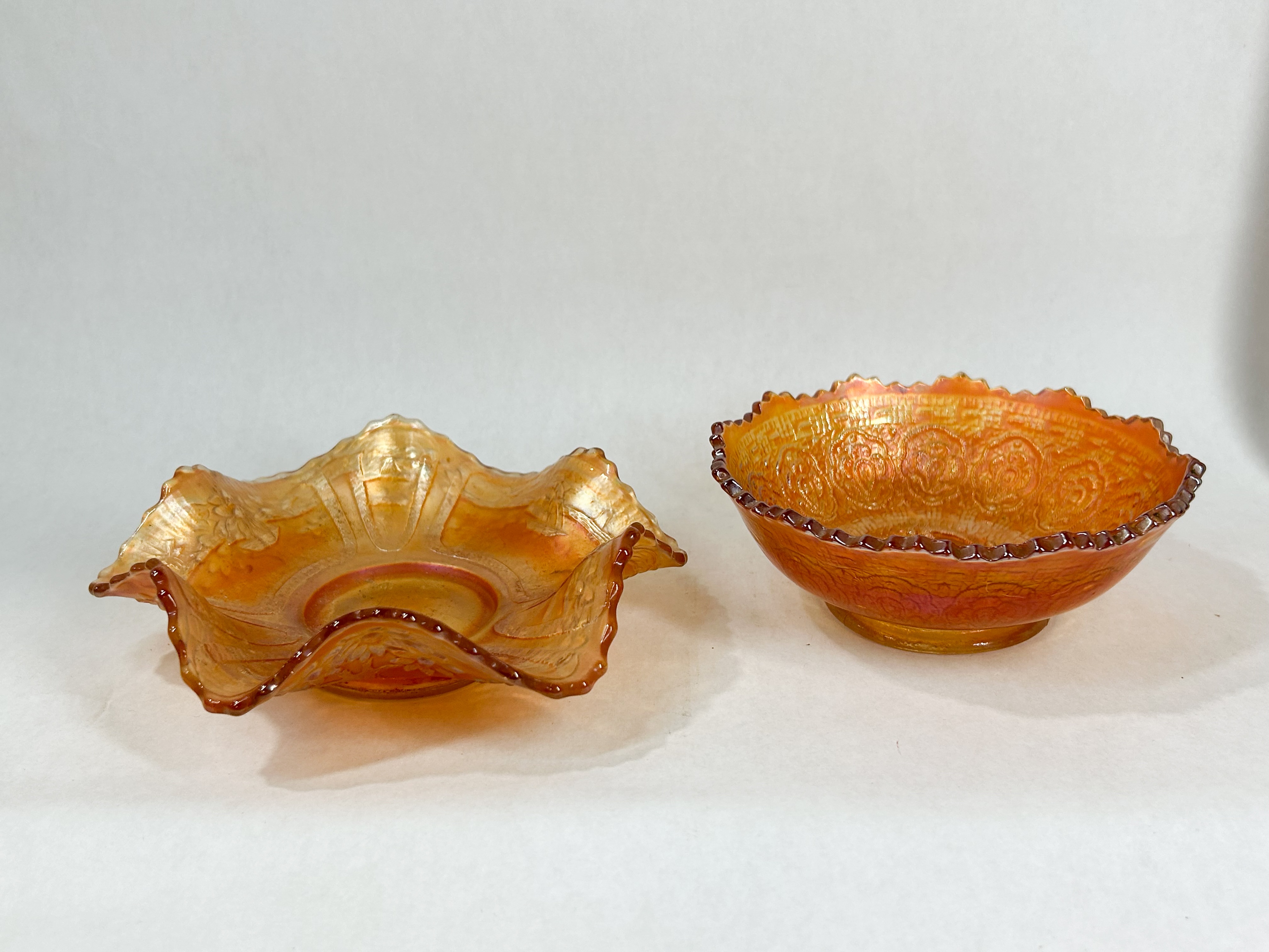 TWO PIECES OF MARIGOLD CARNIVAL GLASS