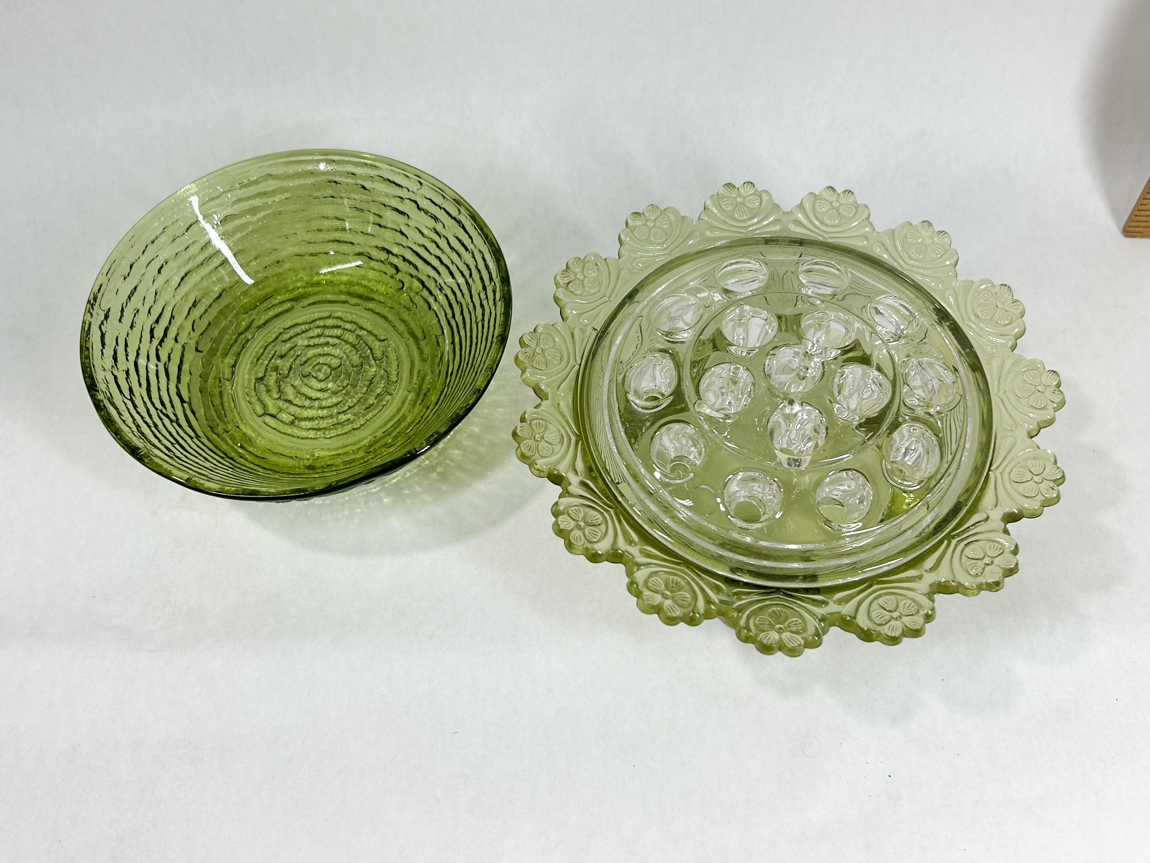 TWO PIECES OF VINTAGE GREEN PRESSED GLASS