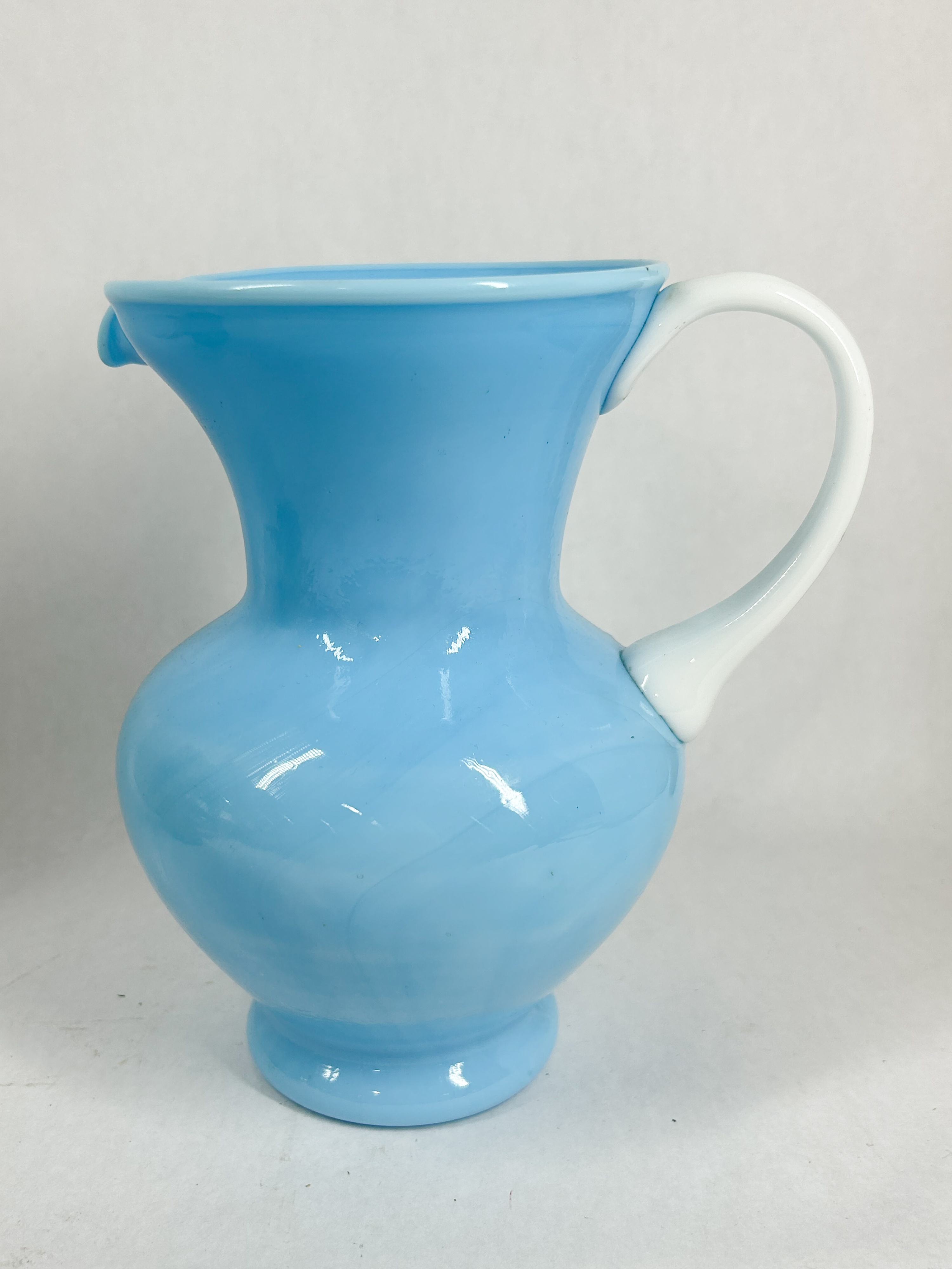 TWO-TONE BLUE OPALESCENT AND MILK GLASS PITCHER