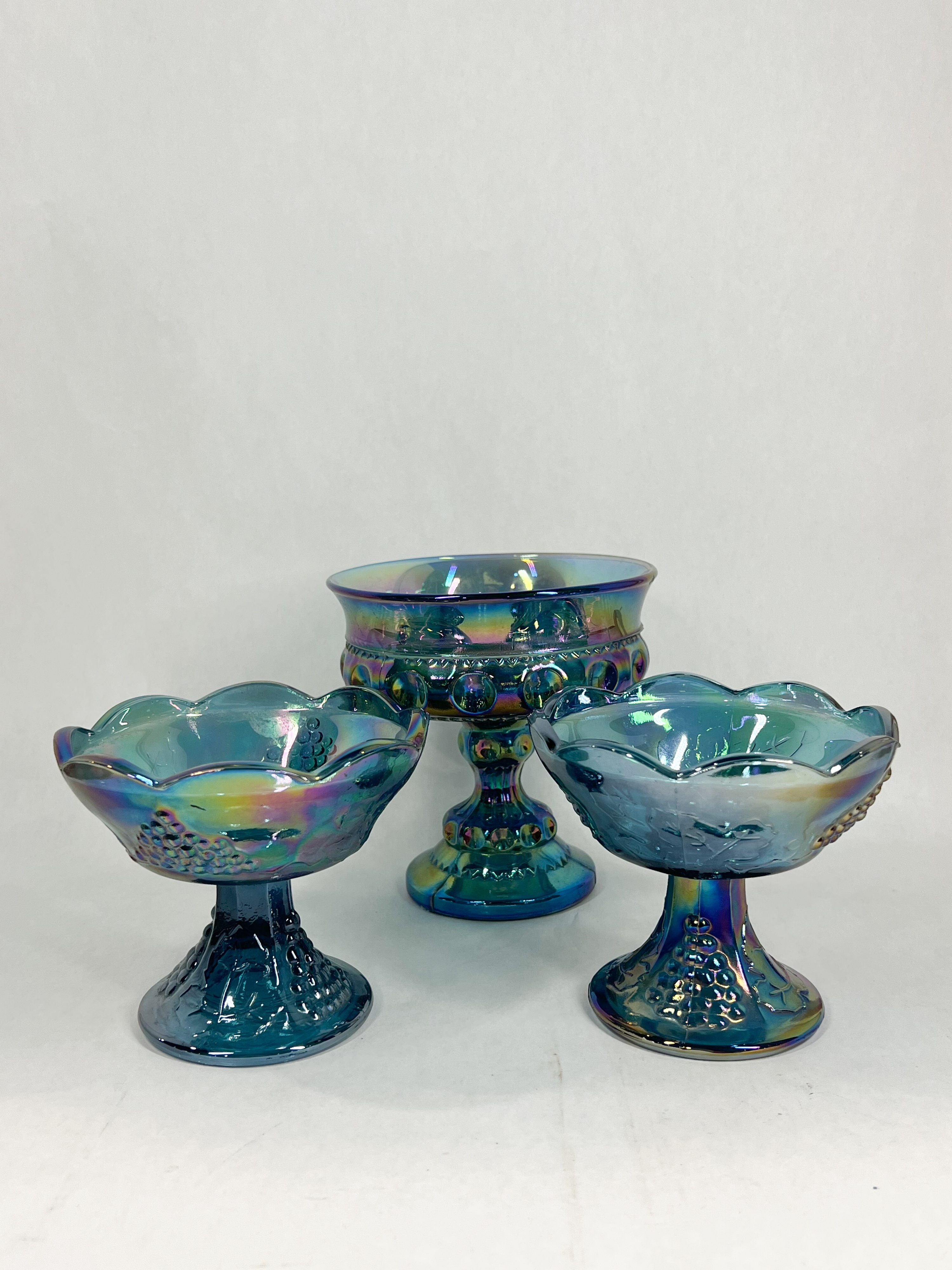 INDIANA BLUE CARNIVAL GLASS HARVEST GRAPE TRIO