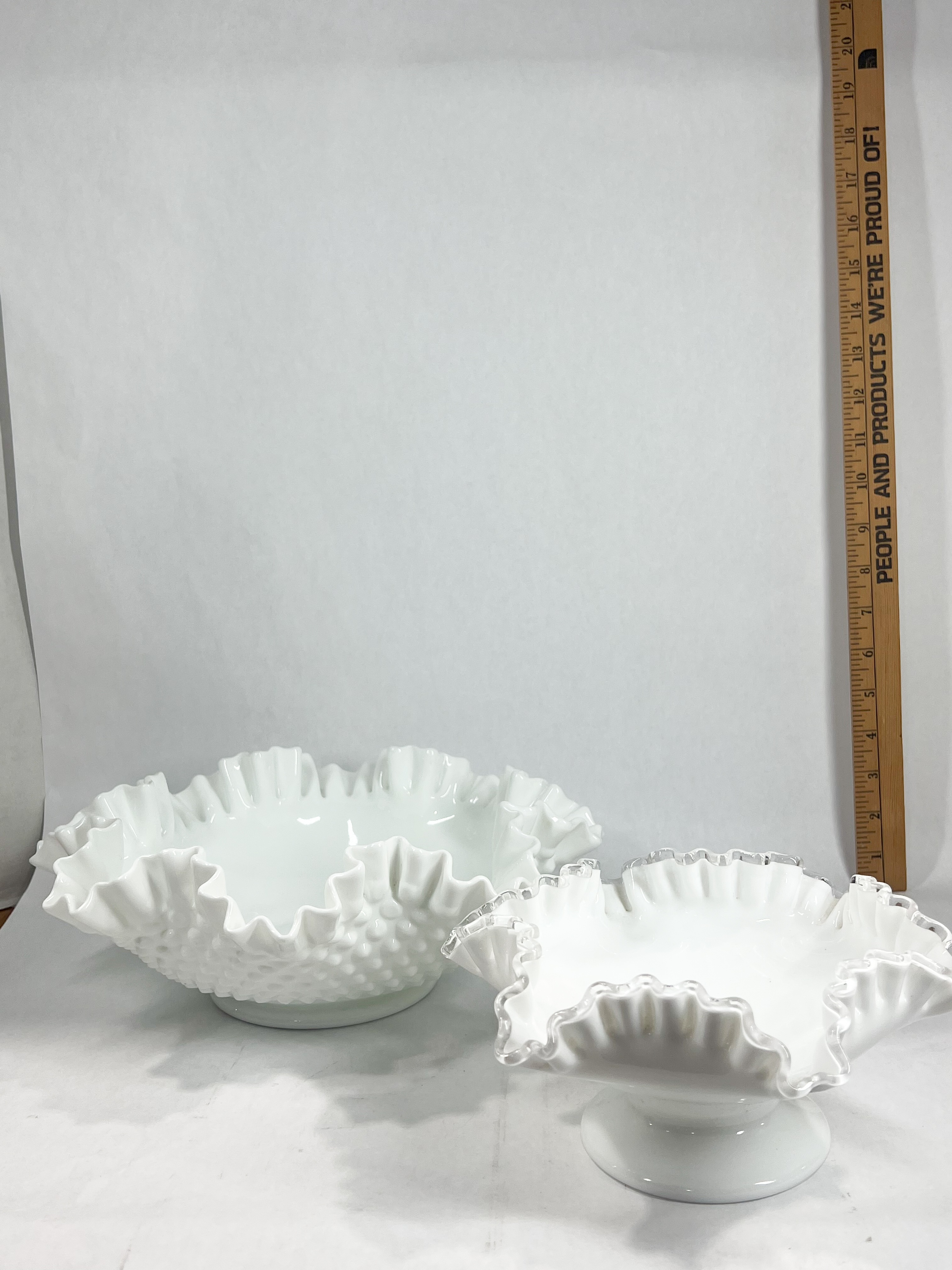 TWO WHITE MILK GLASS RUFFLED BOWLS
