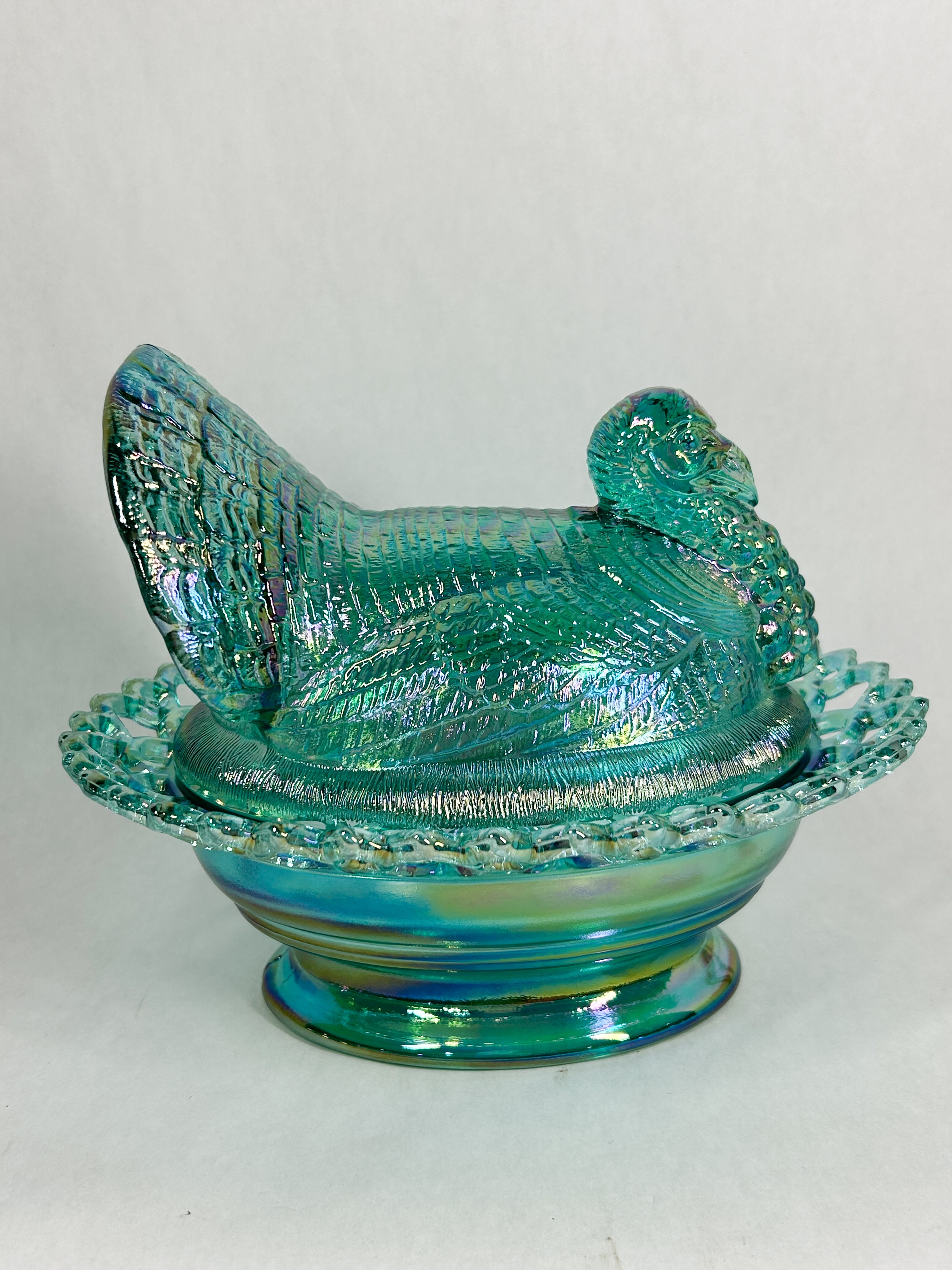MOSSER IRIDESCENT AQUA CARNIVAL GLASS TURKEY DISH