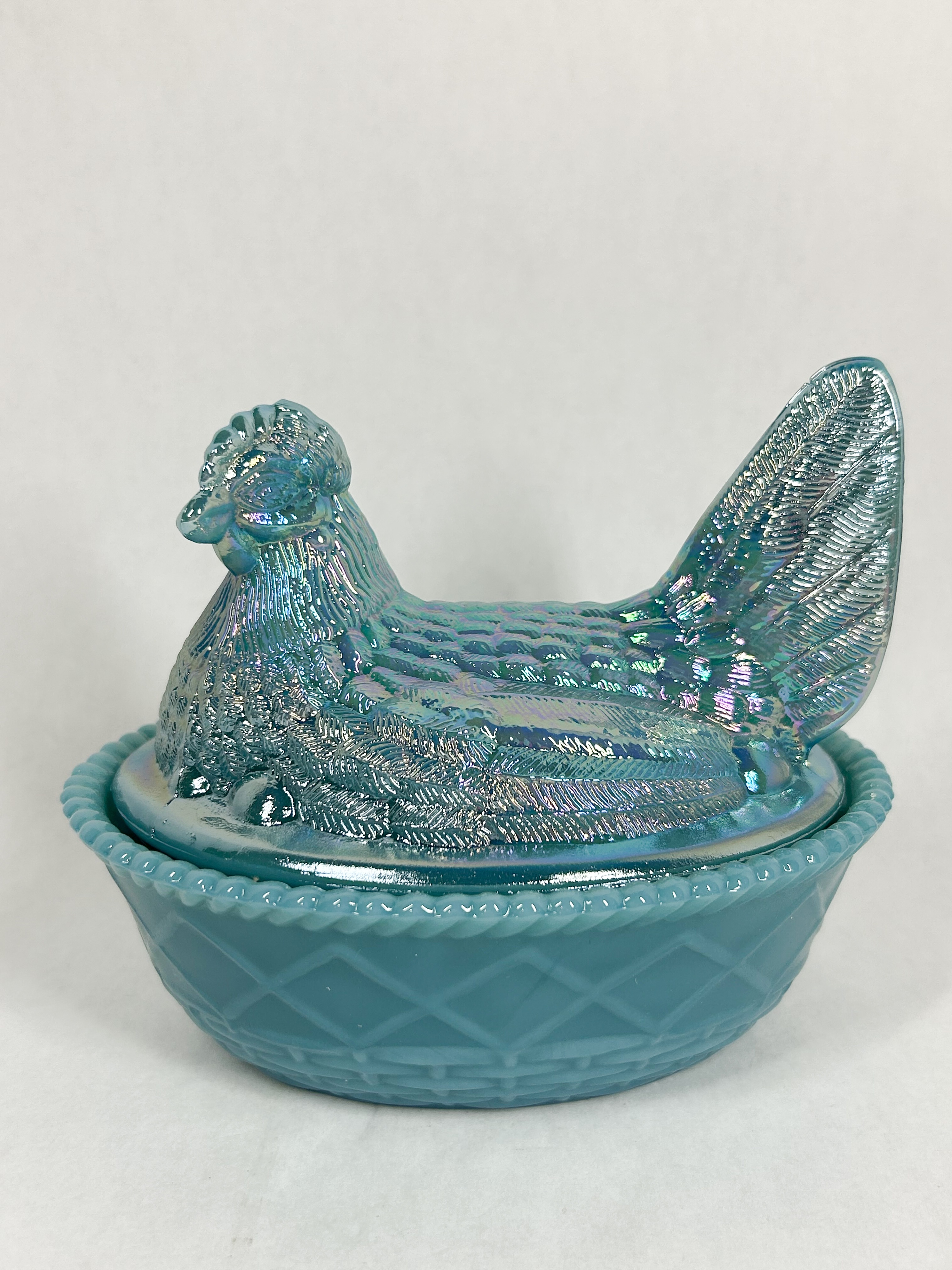 MOSSER IRIDESCENT BLUE GLASS HEN ON NEST