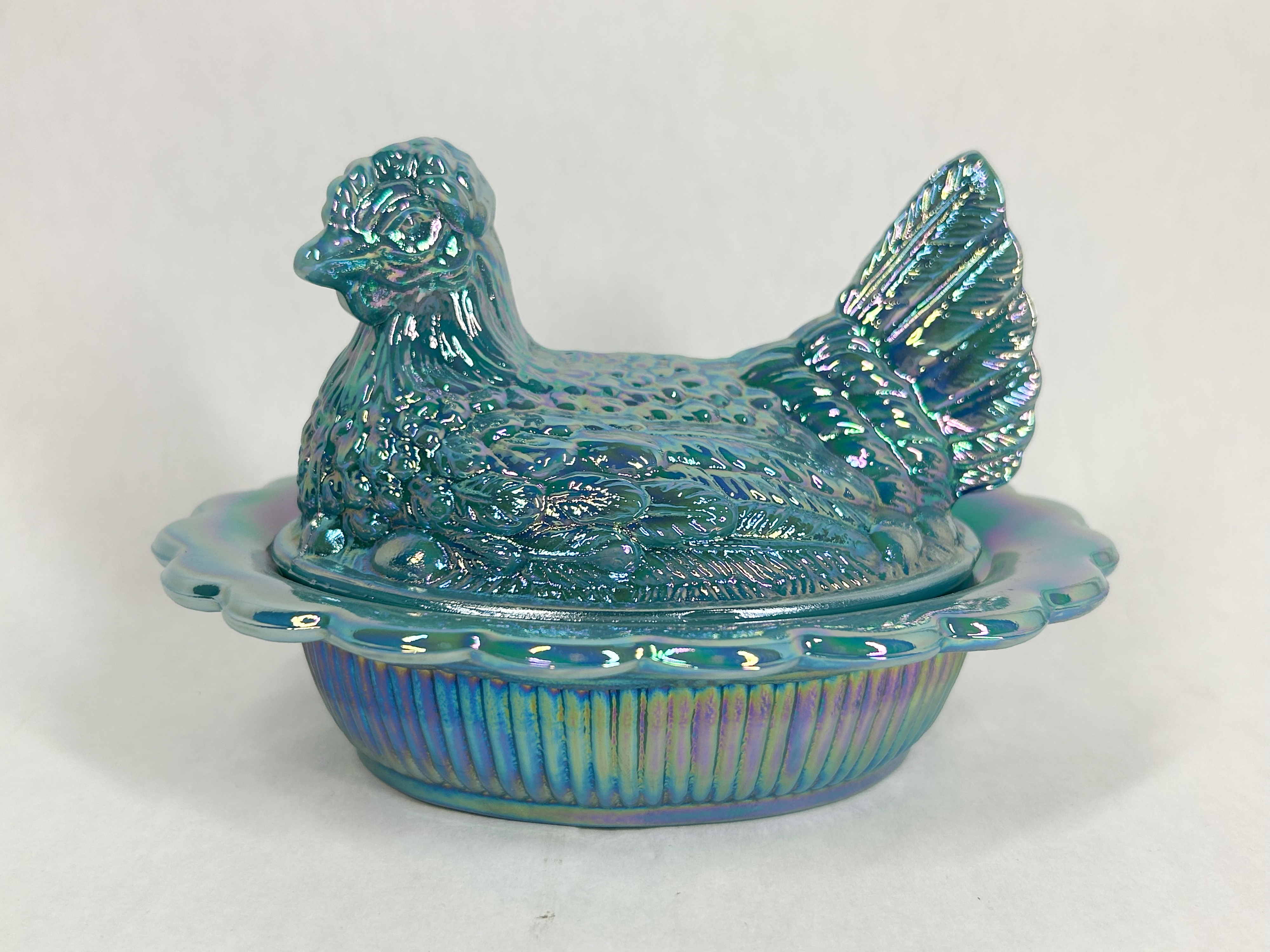 MOSSER IRIDESCENT BLUE CARNIVAL GLASS HEN ON NEST