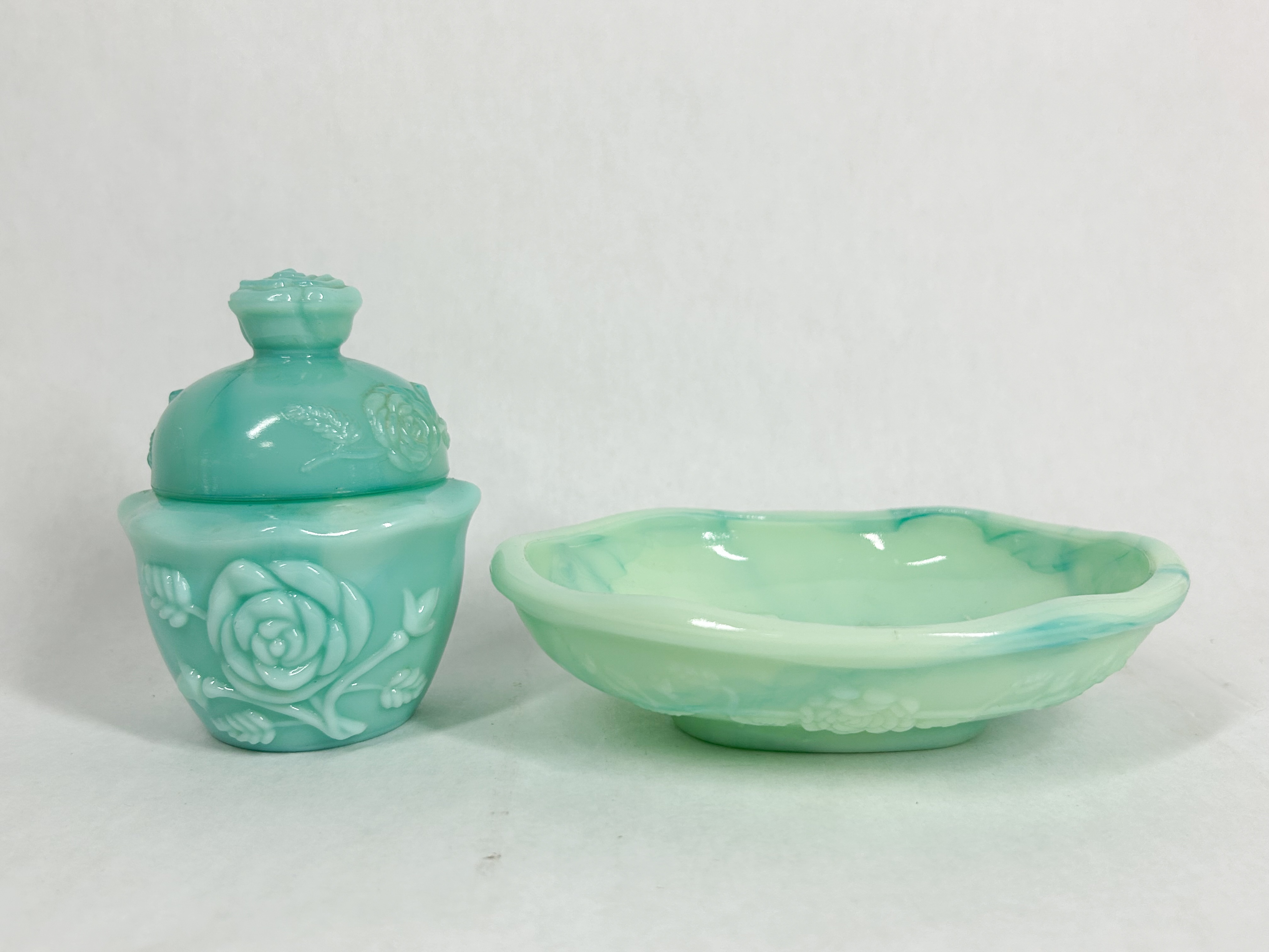 TWO SLAG GLASS ROSE VANITY ITEMS