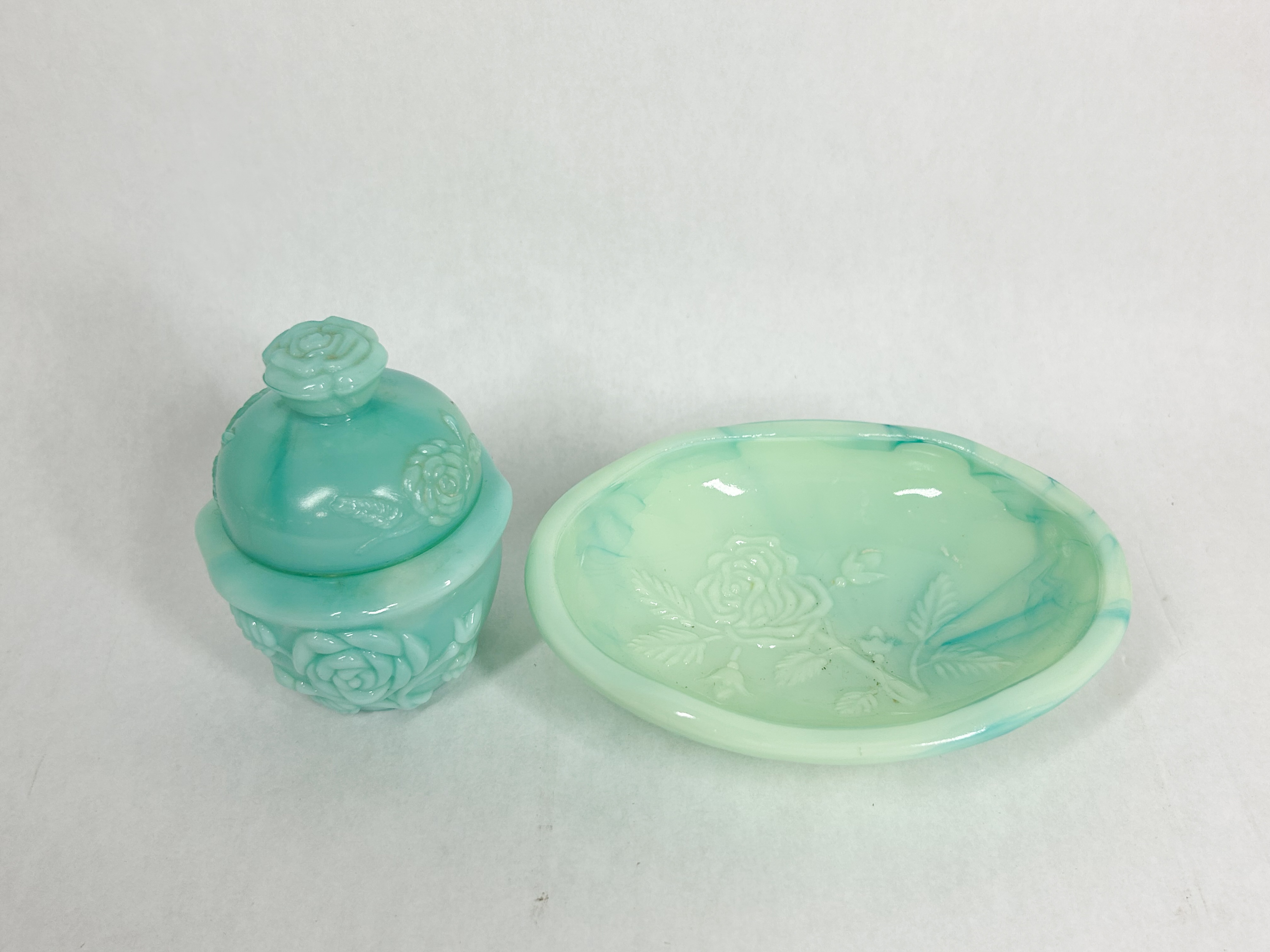 TWO SLAG GLASS ROSE VANITY ITEMS