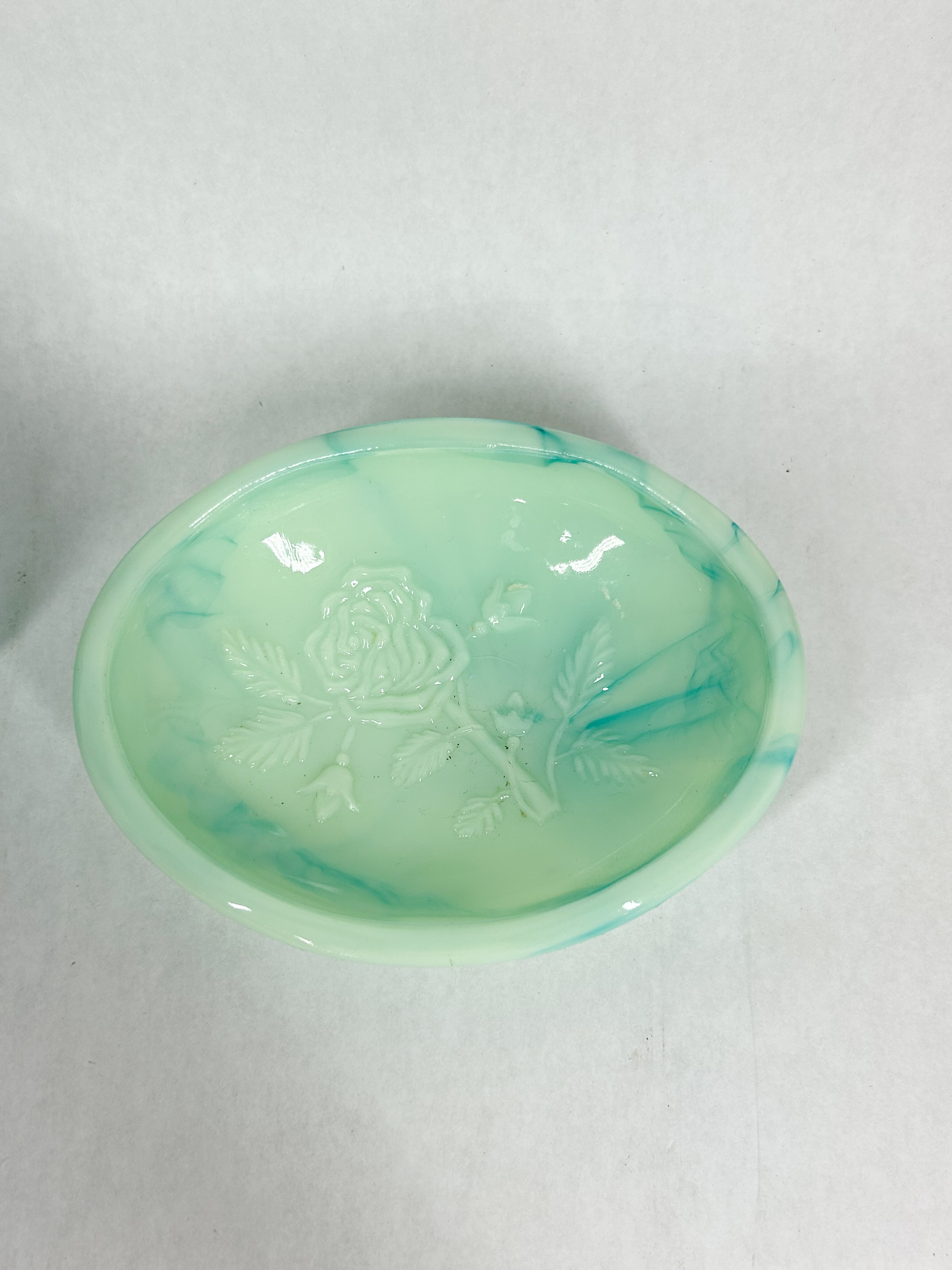 TWO SLAG GLASS ROSE VANITY ITEMS