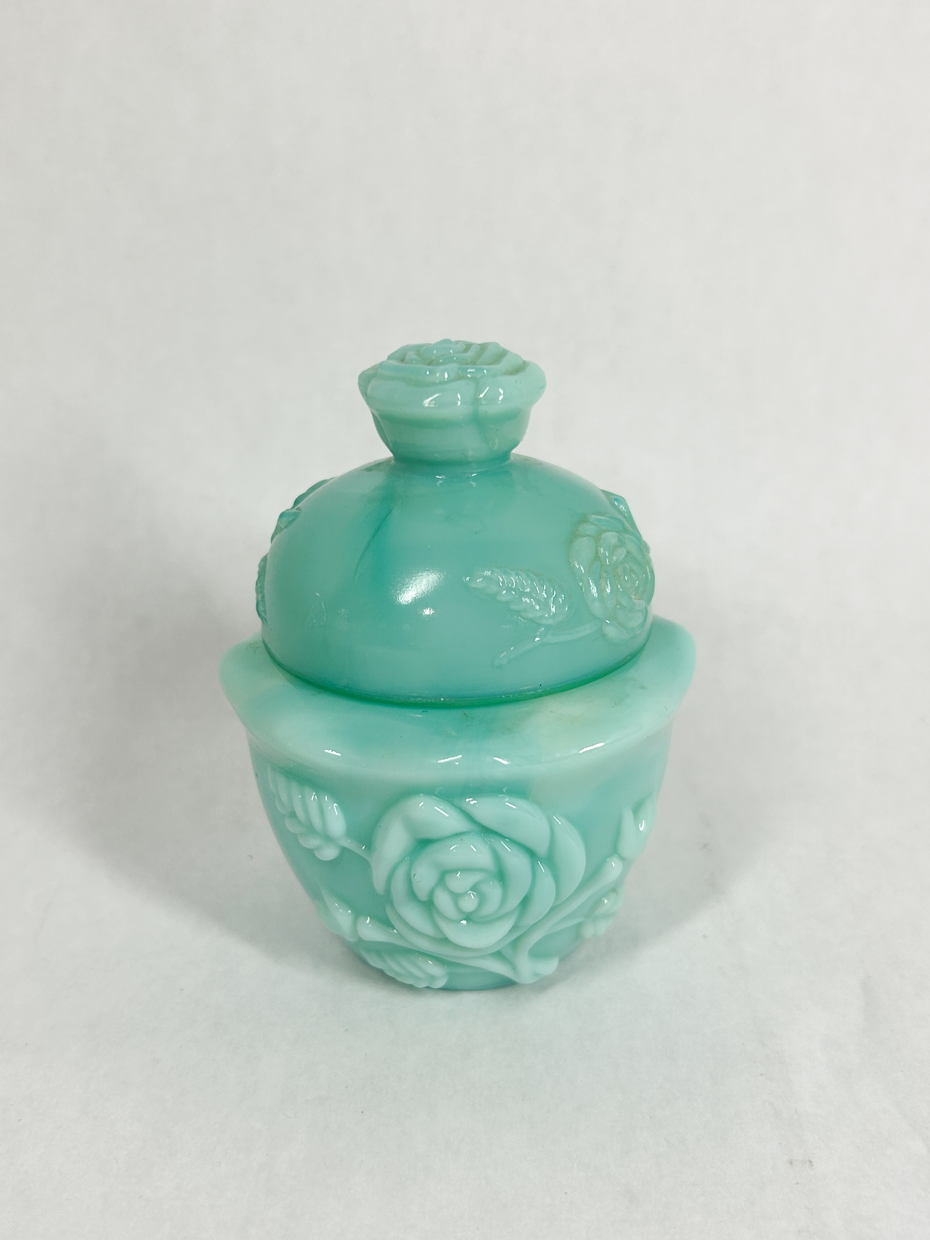 TWO SLAG GLASS ROSE VANITY ITEMS