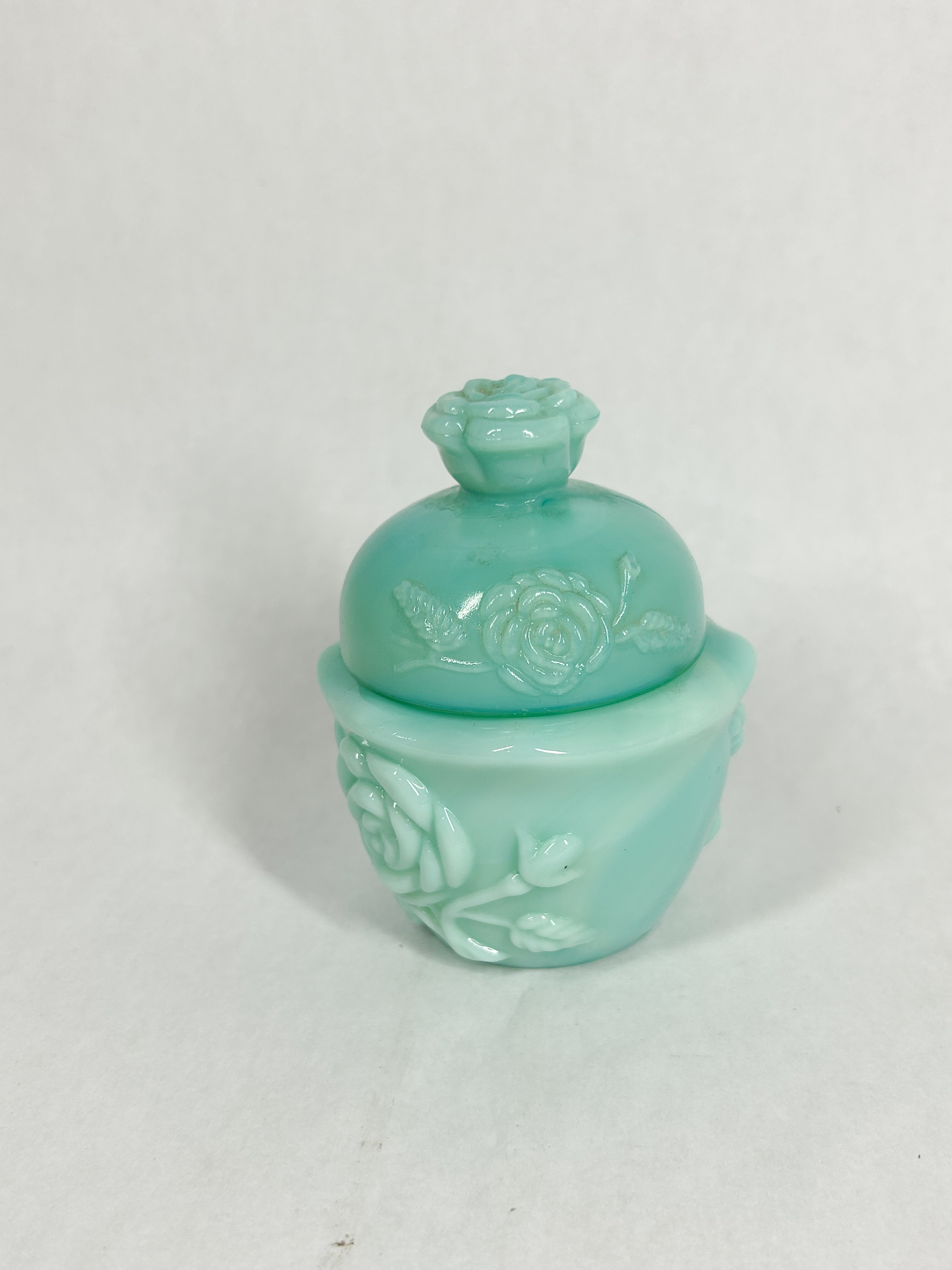 TWO SLAG GLASS ROSE VANITY ITEMS