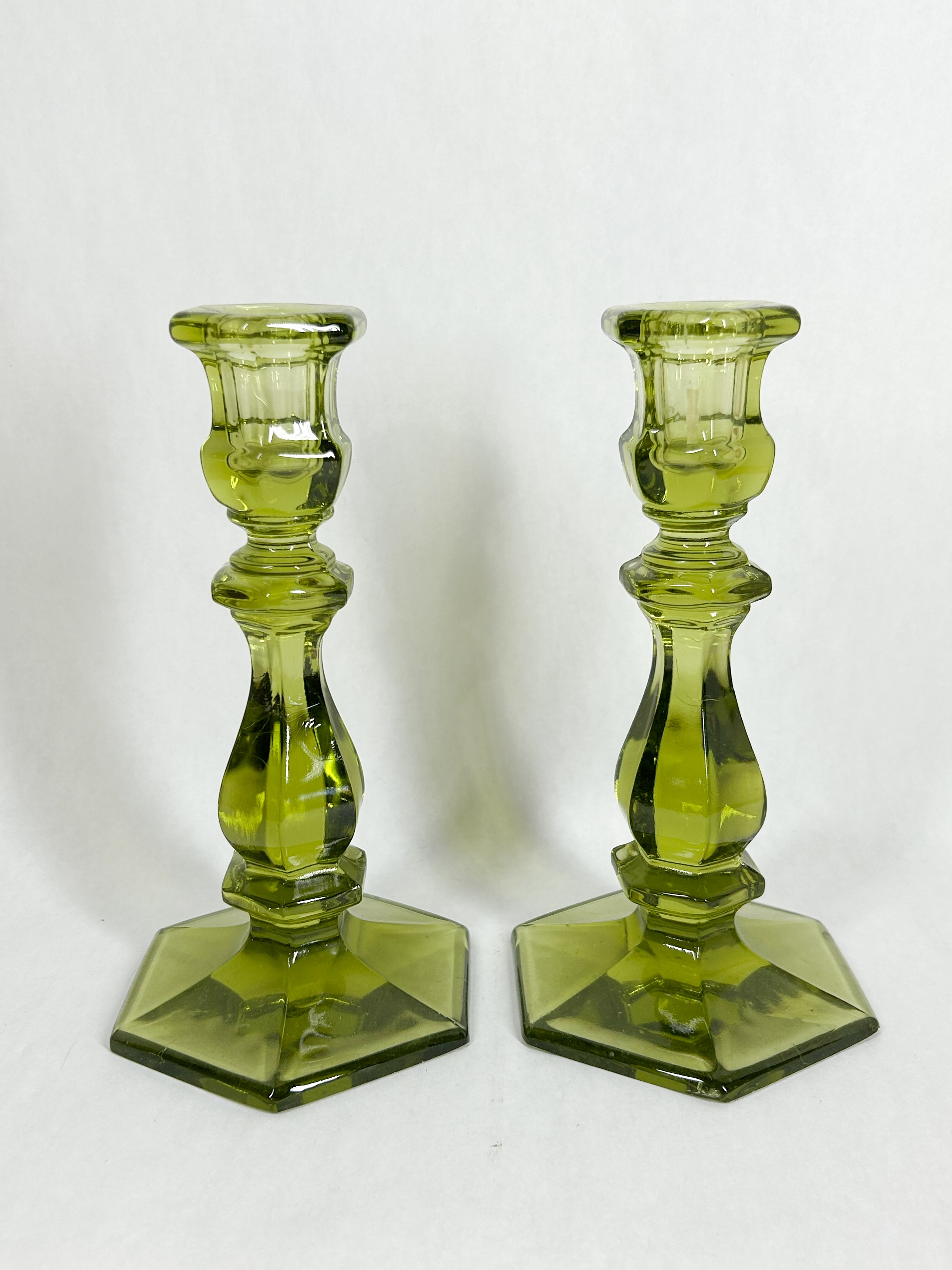 PAIR OF HEXAGONAL GLASS CANDLESTICKS