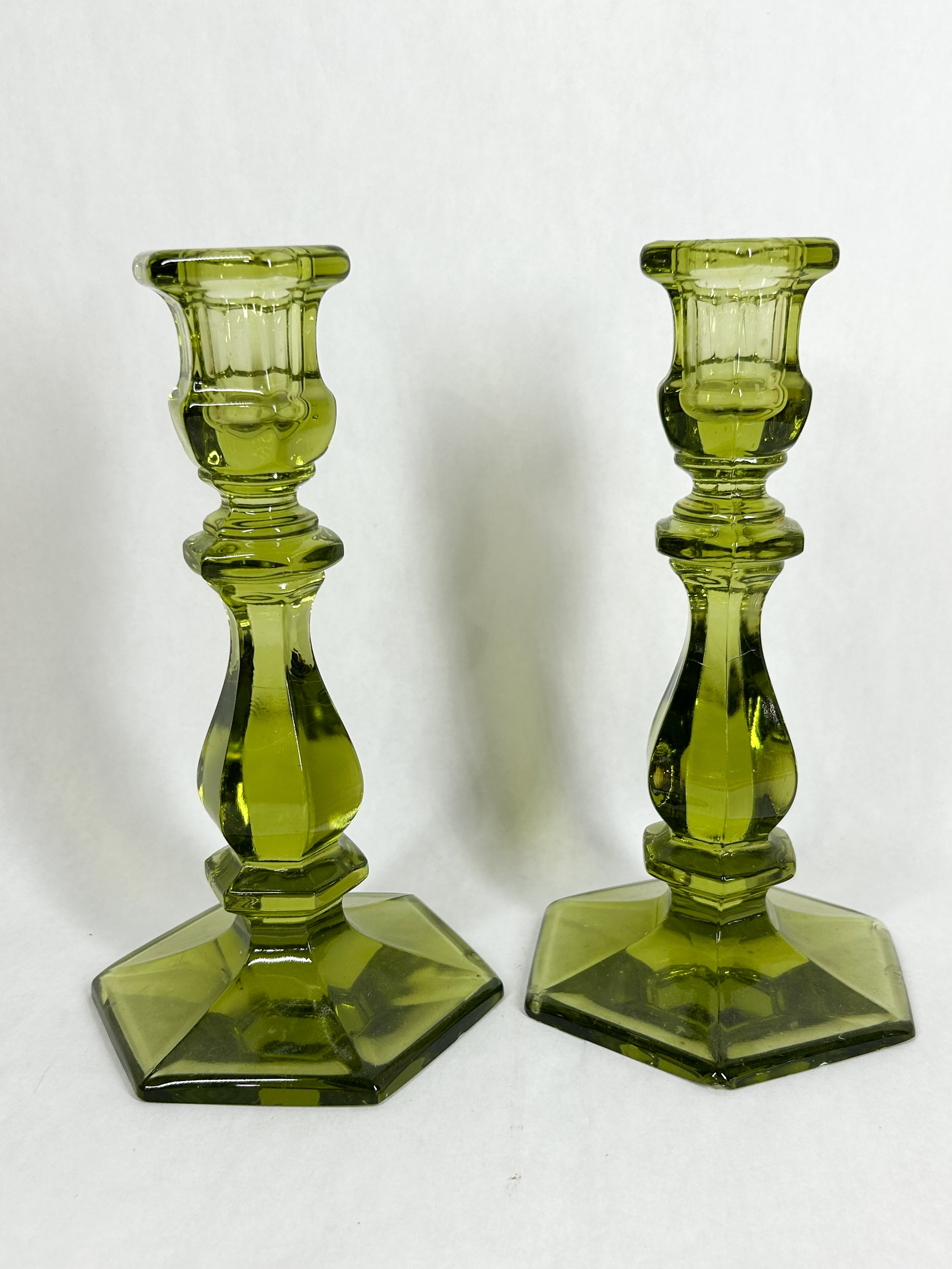 PAIR OF HEXAGONAL GLASS CANDLESTICKS