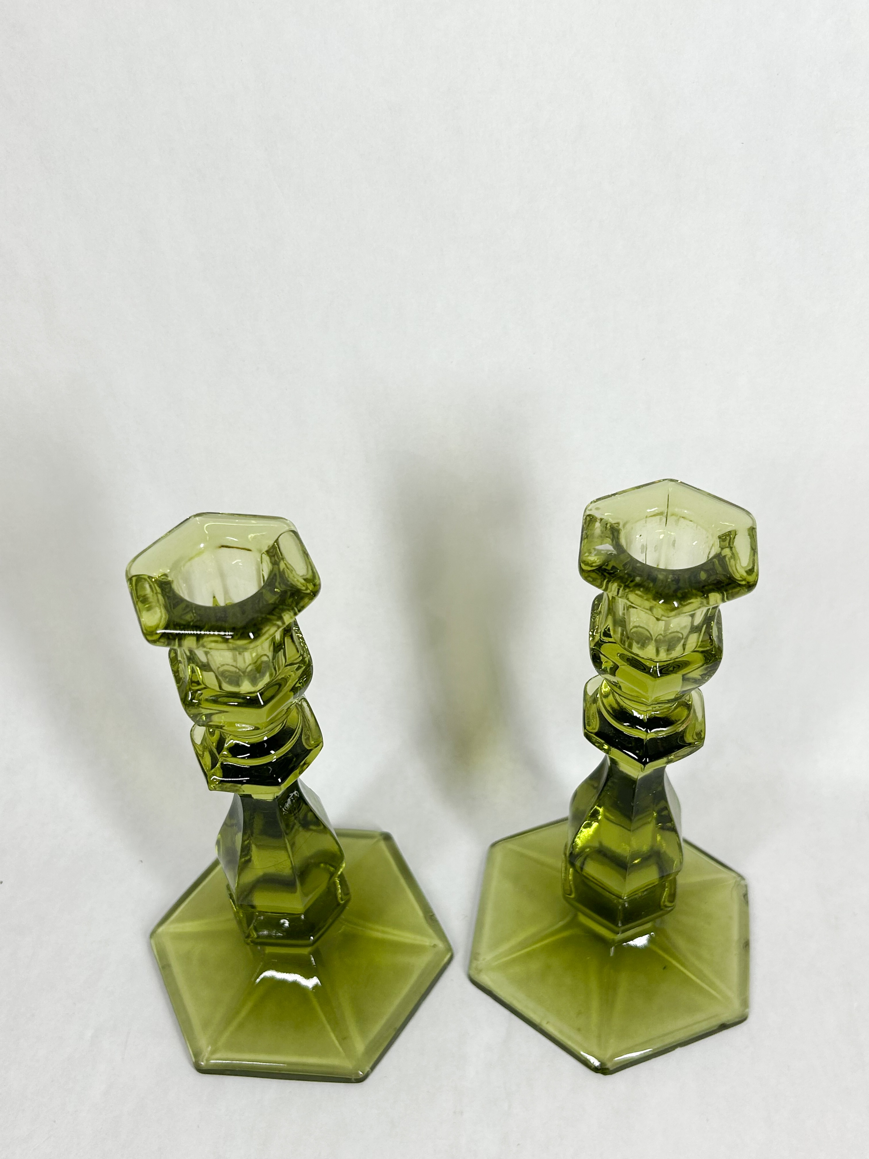 PAIR OF HEXAGONAL GLASS CANDLESTICKS