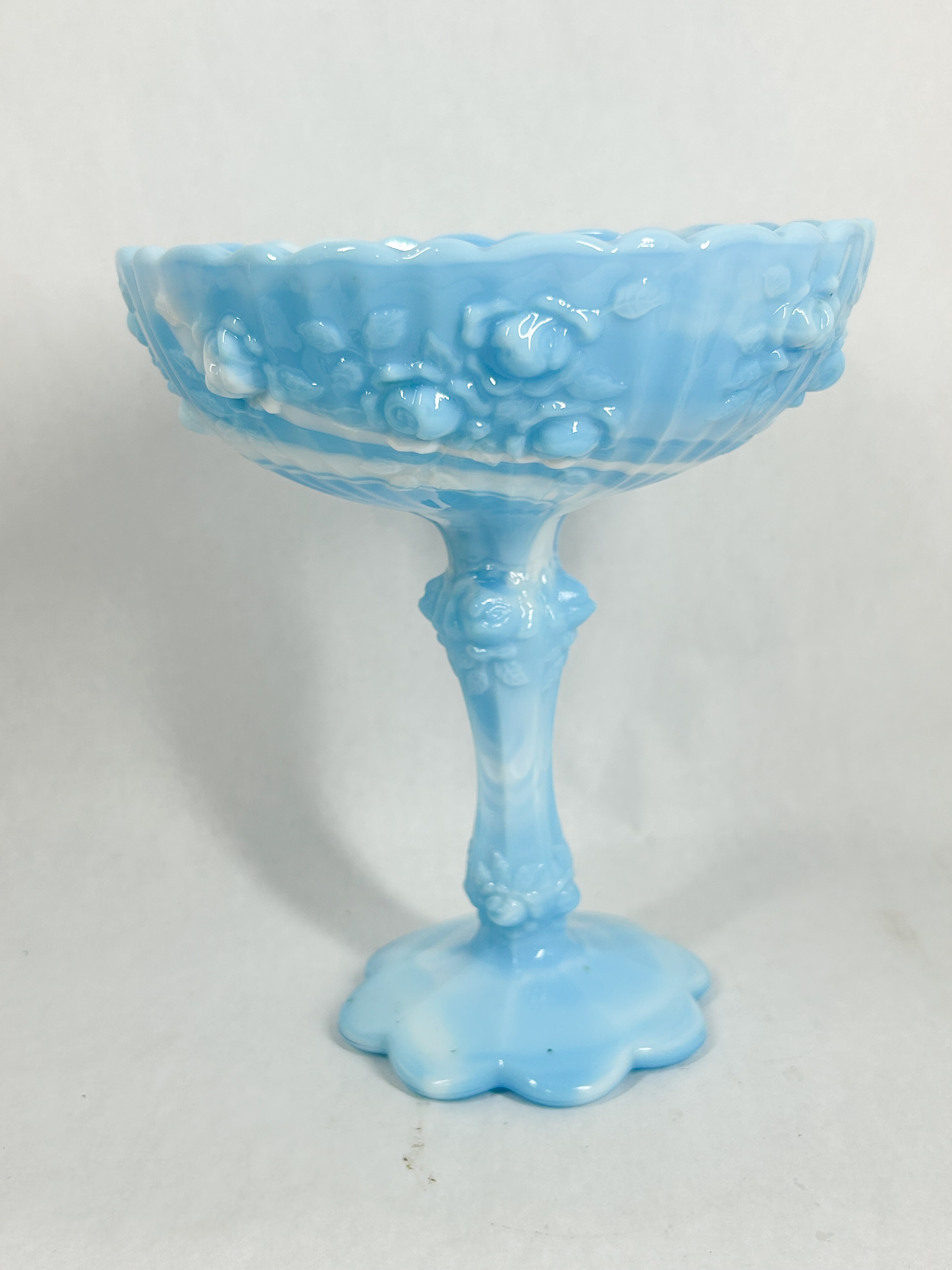 BLUE SLAG GLASS ROSE COMPOTE