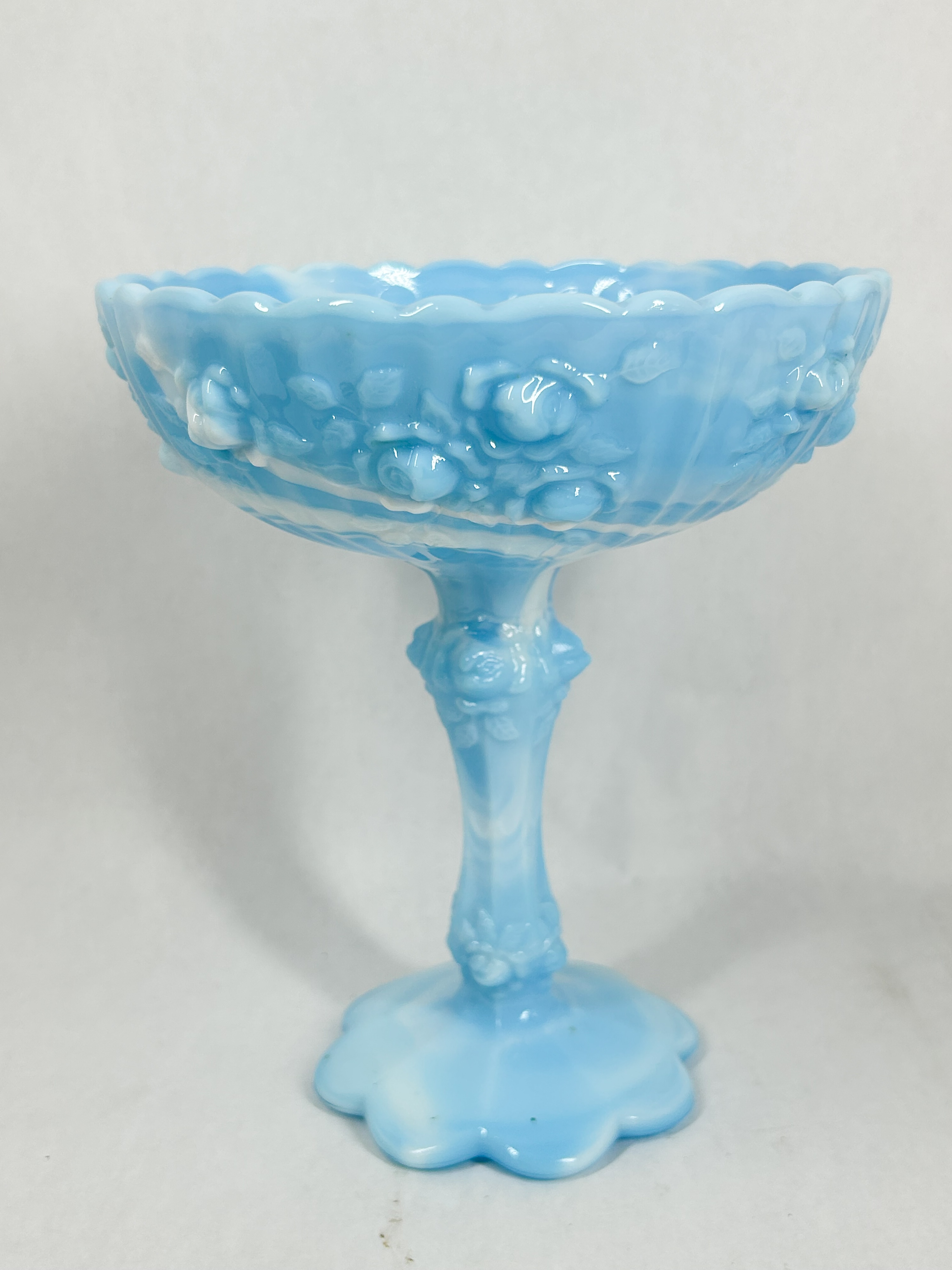 BLUE SLAG GLASS ROSE COMPOTE