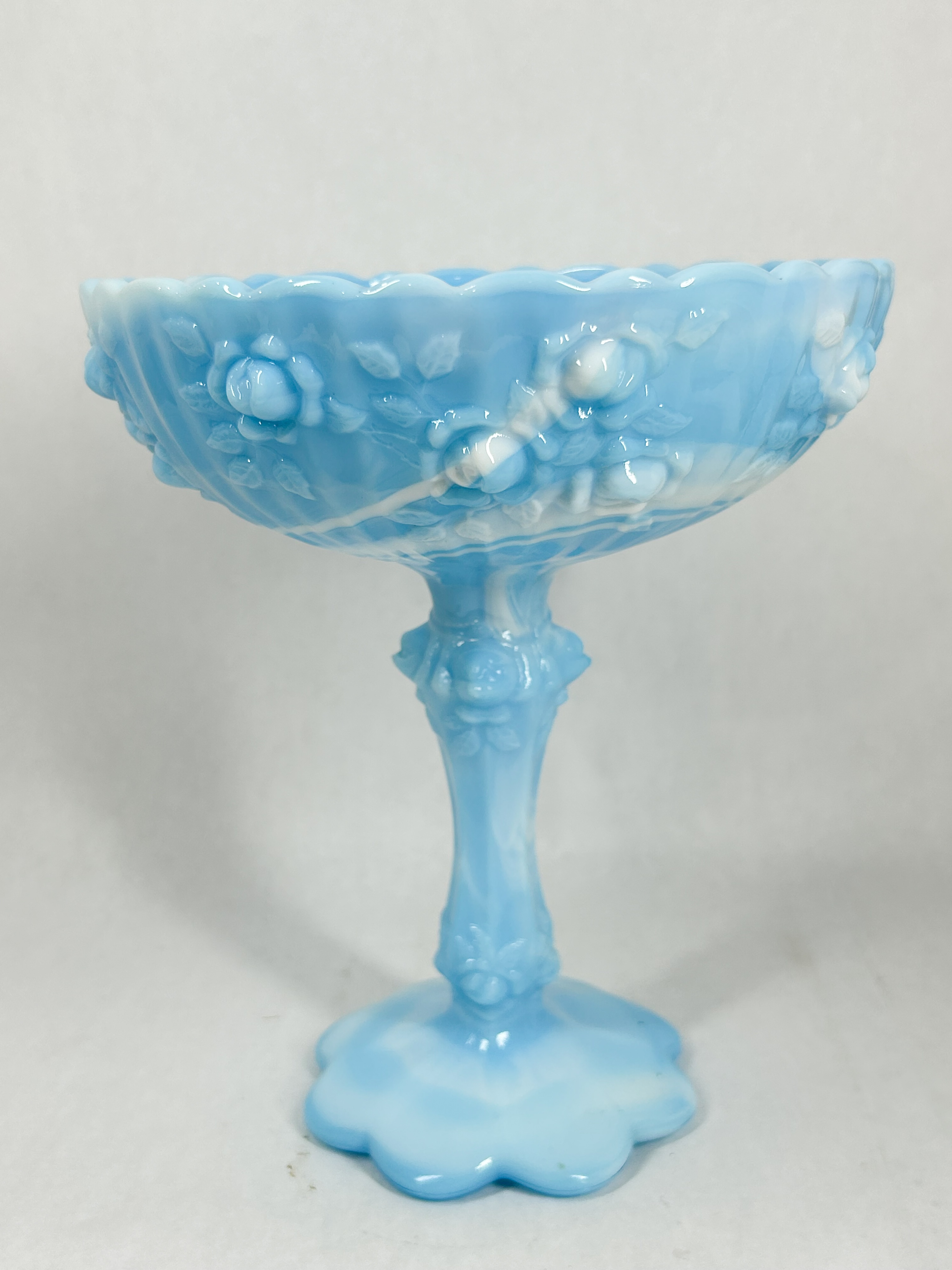 BLUE SLAG GLASS ROSE COMPOTE