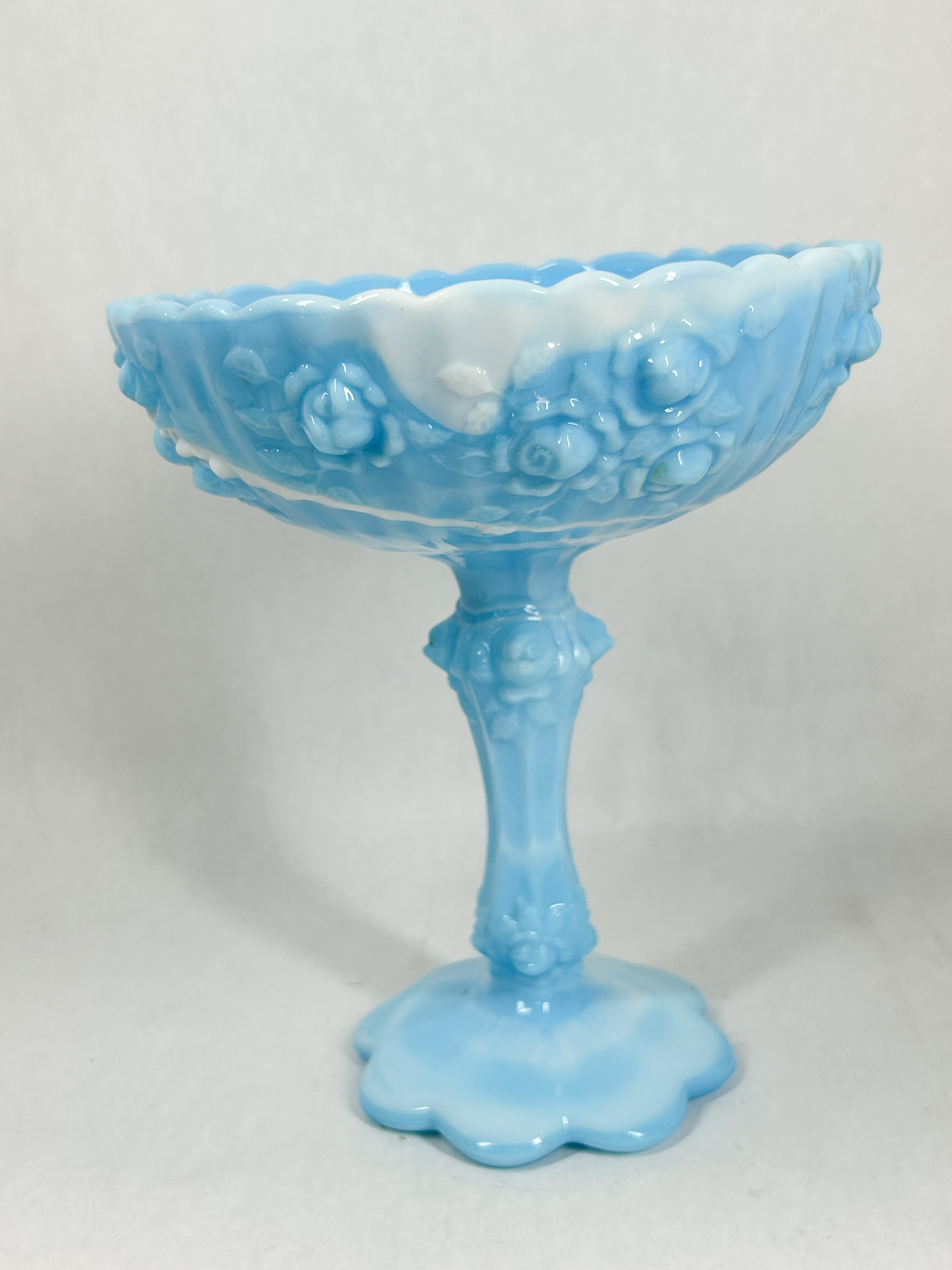 BLUE SLAG GLASS ROSE COMPOTE