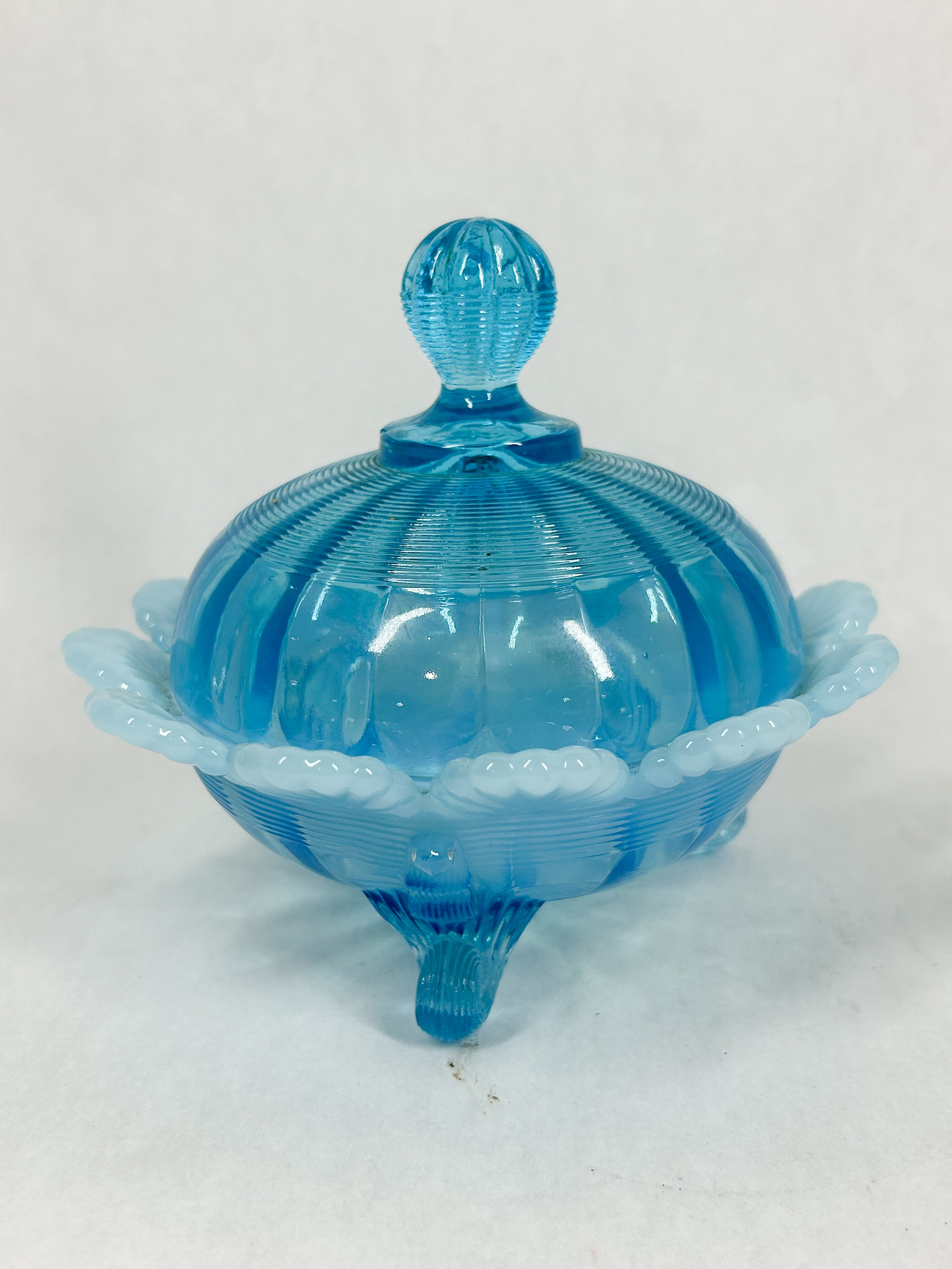 BLUE OPALESCENT COVERED CANDY DISH
