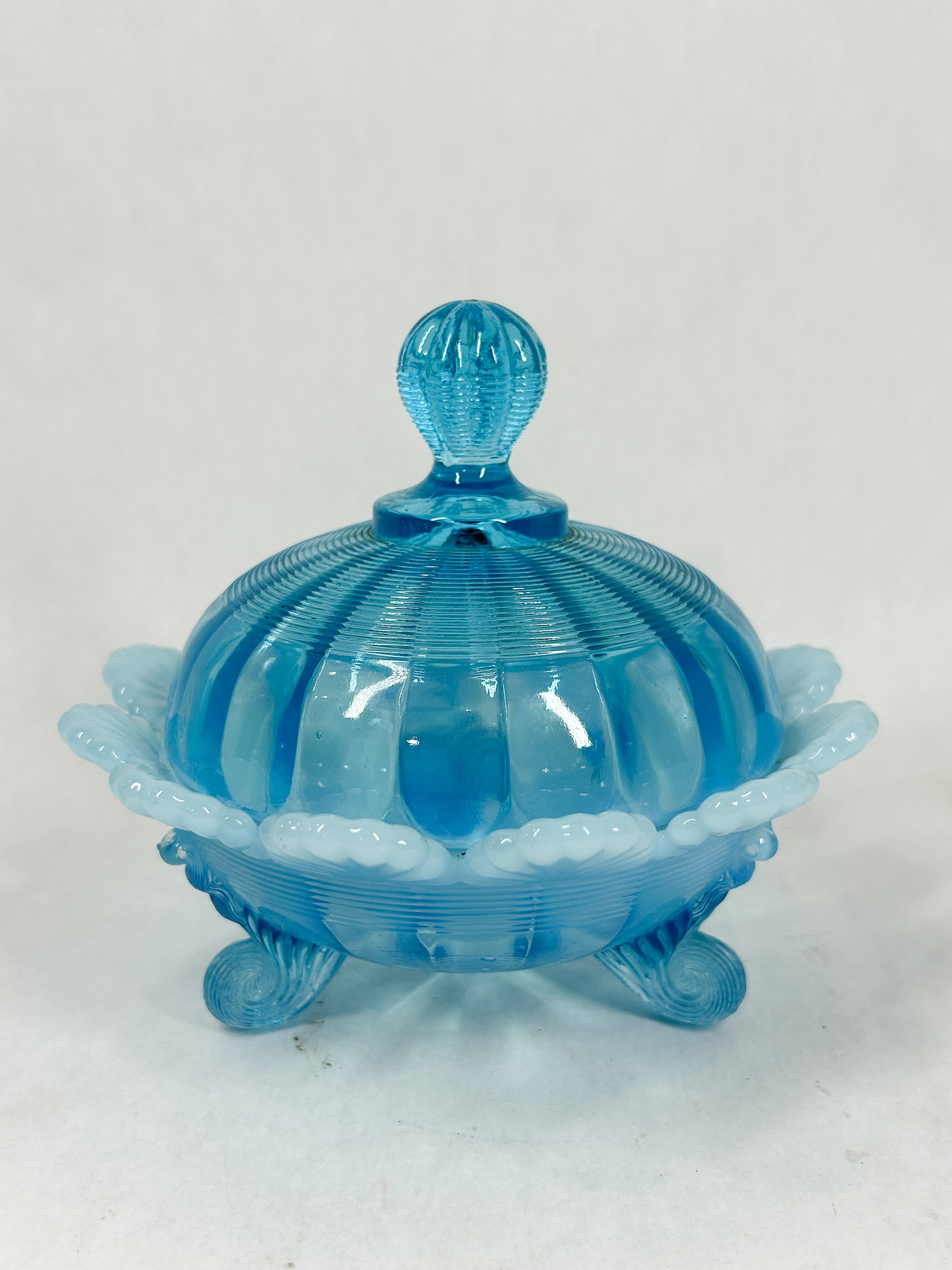 BLUE OPALESCENT COVERED CANDY DISH