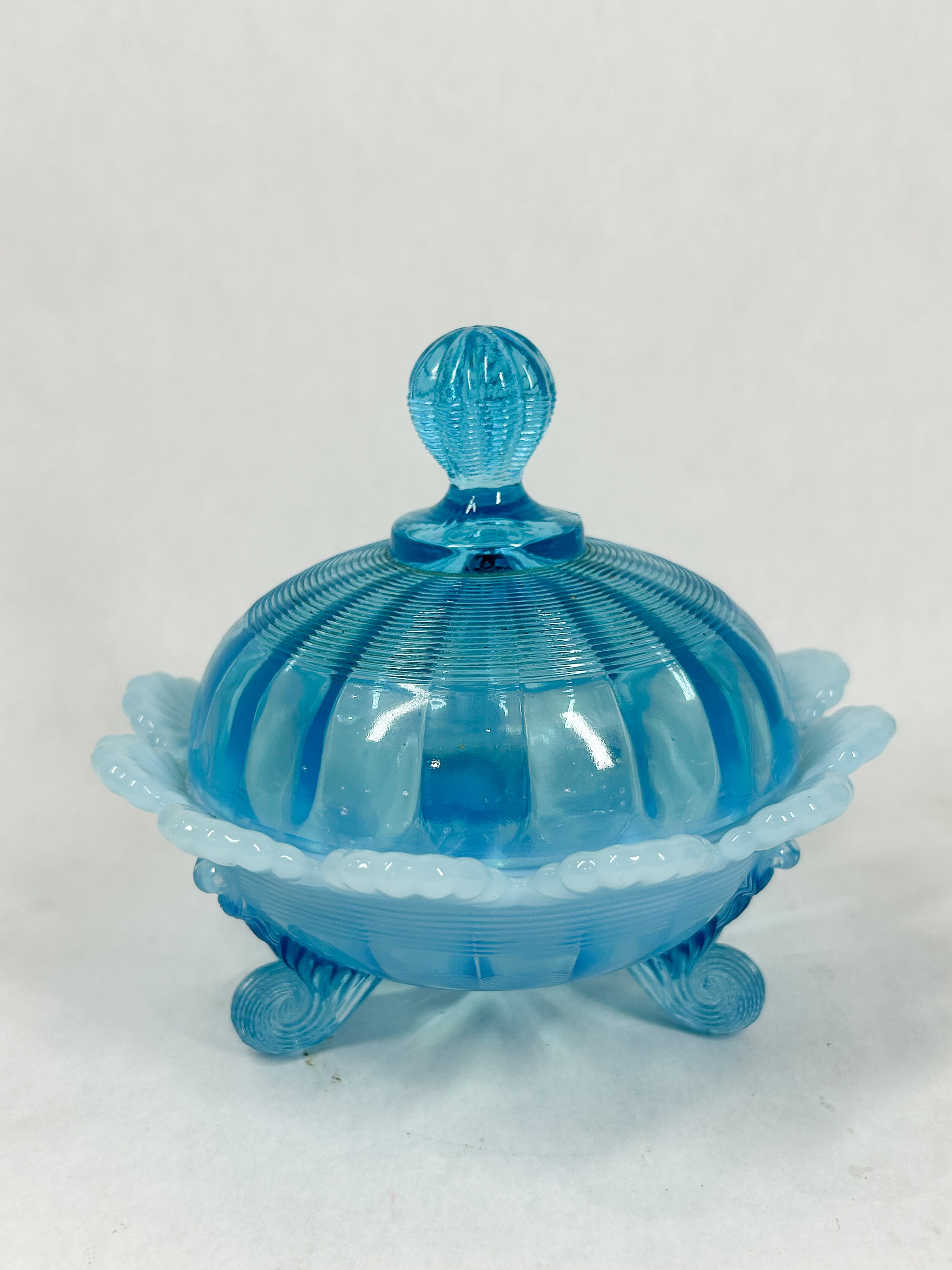 BLUE OPALESCENT COVERED CANDY DISH