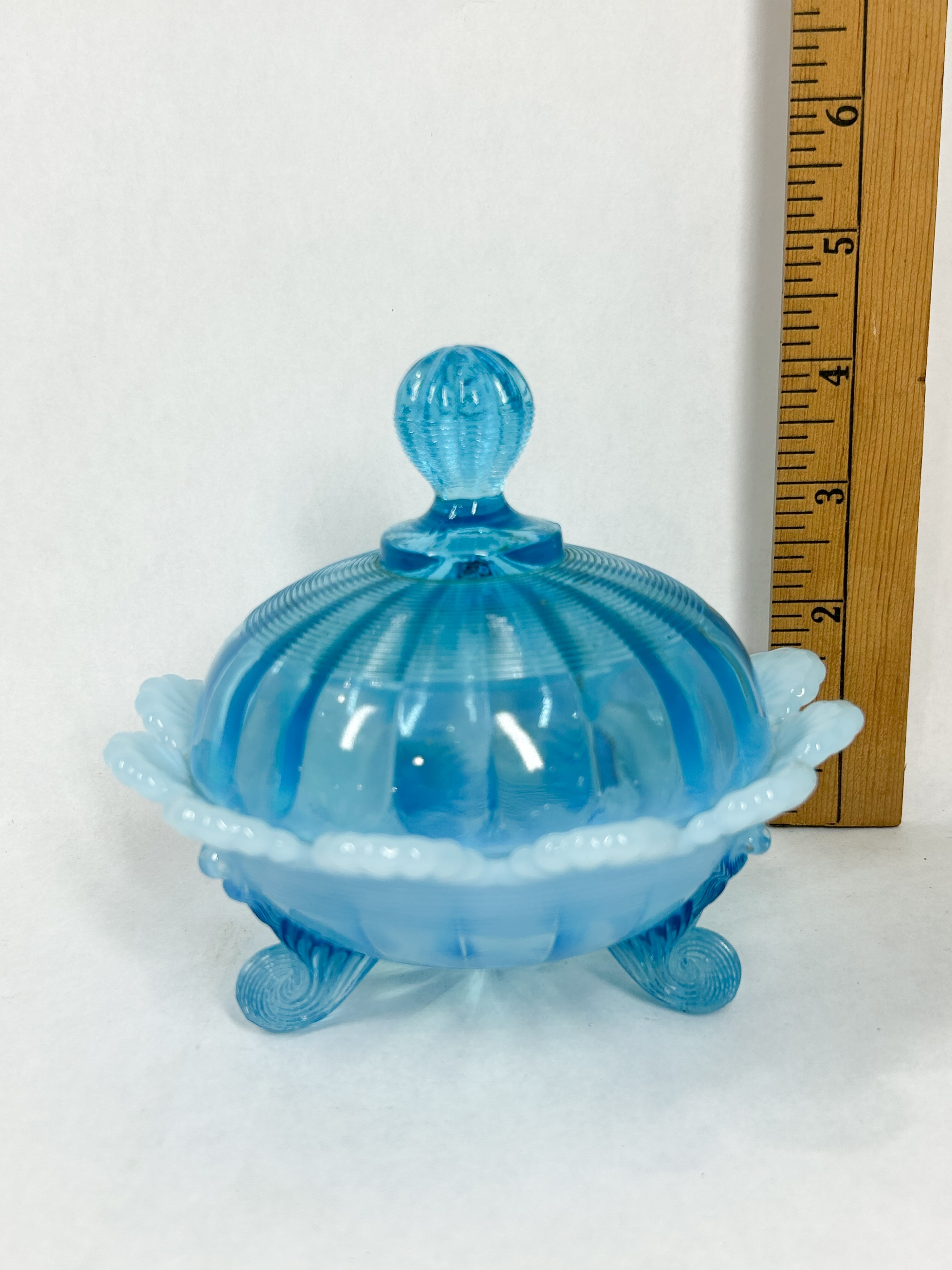 BLUE OPALESCENT COVERED CANDY DISH