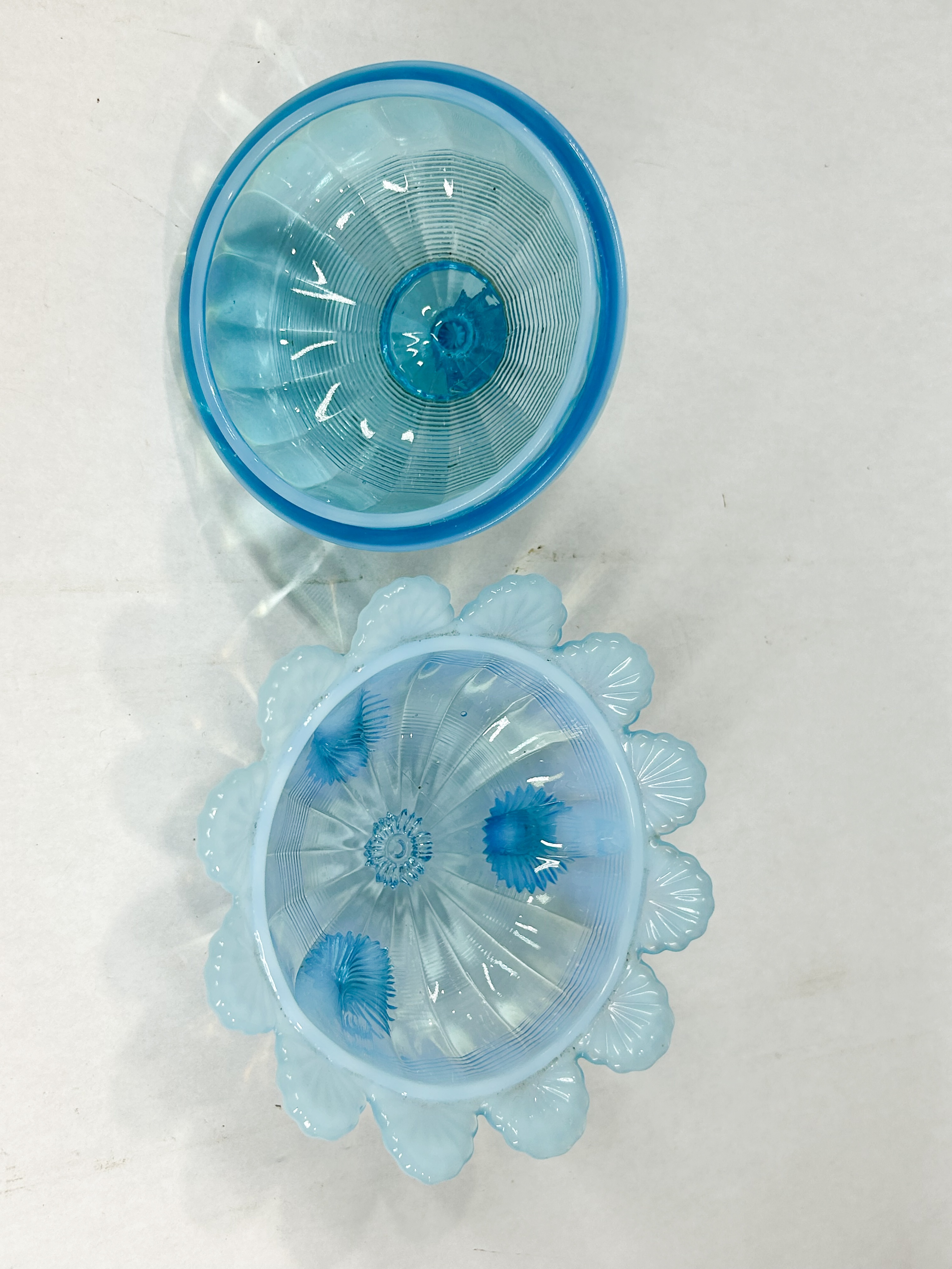 BLUE OPALESCENT COVERED CANDY DISH