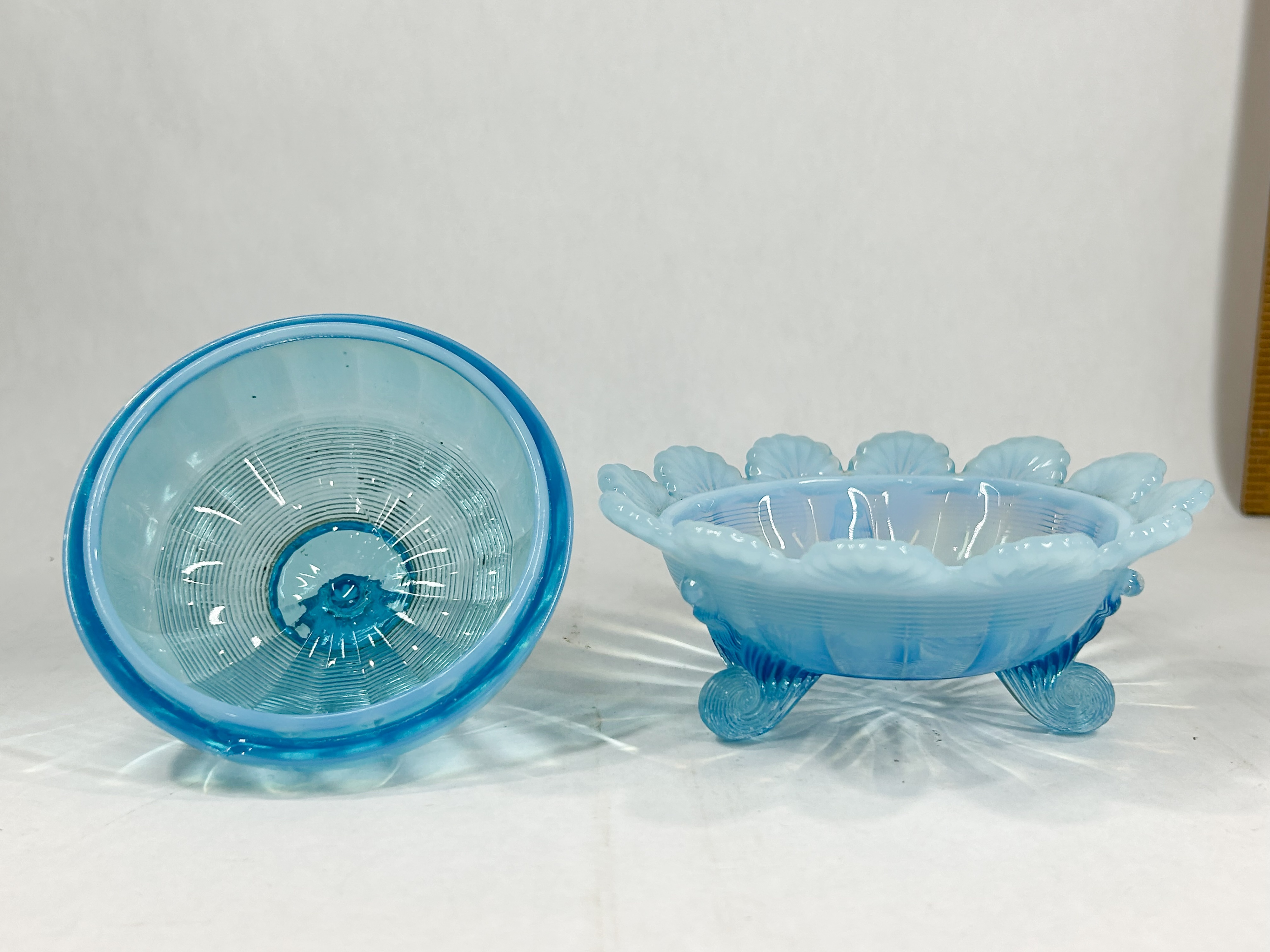 BLUE OPALESCENT COVERED CANDY DISH