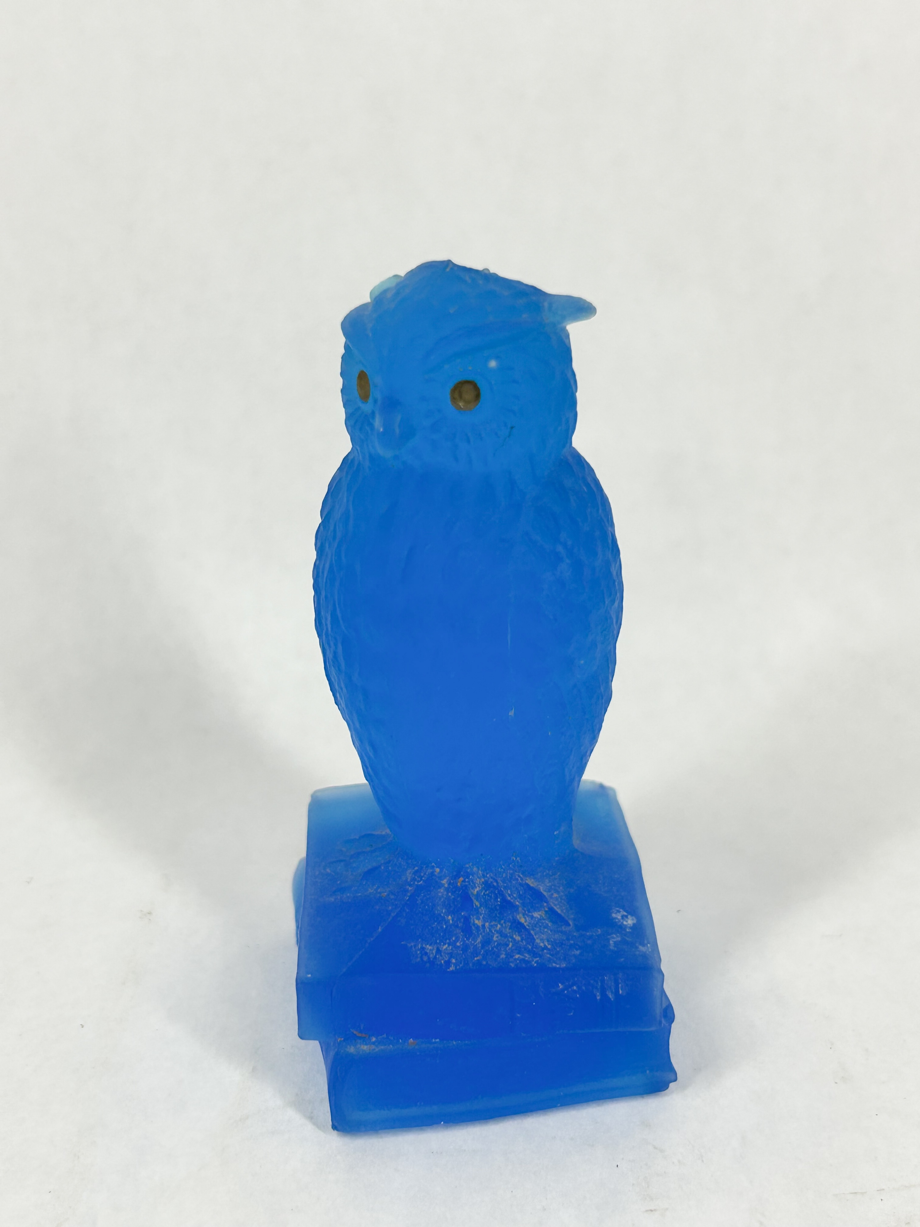 DEGENHART FROSTED BLUE GLASS OWL ON BOOKS