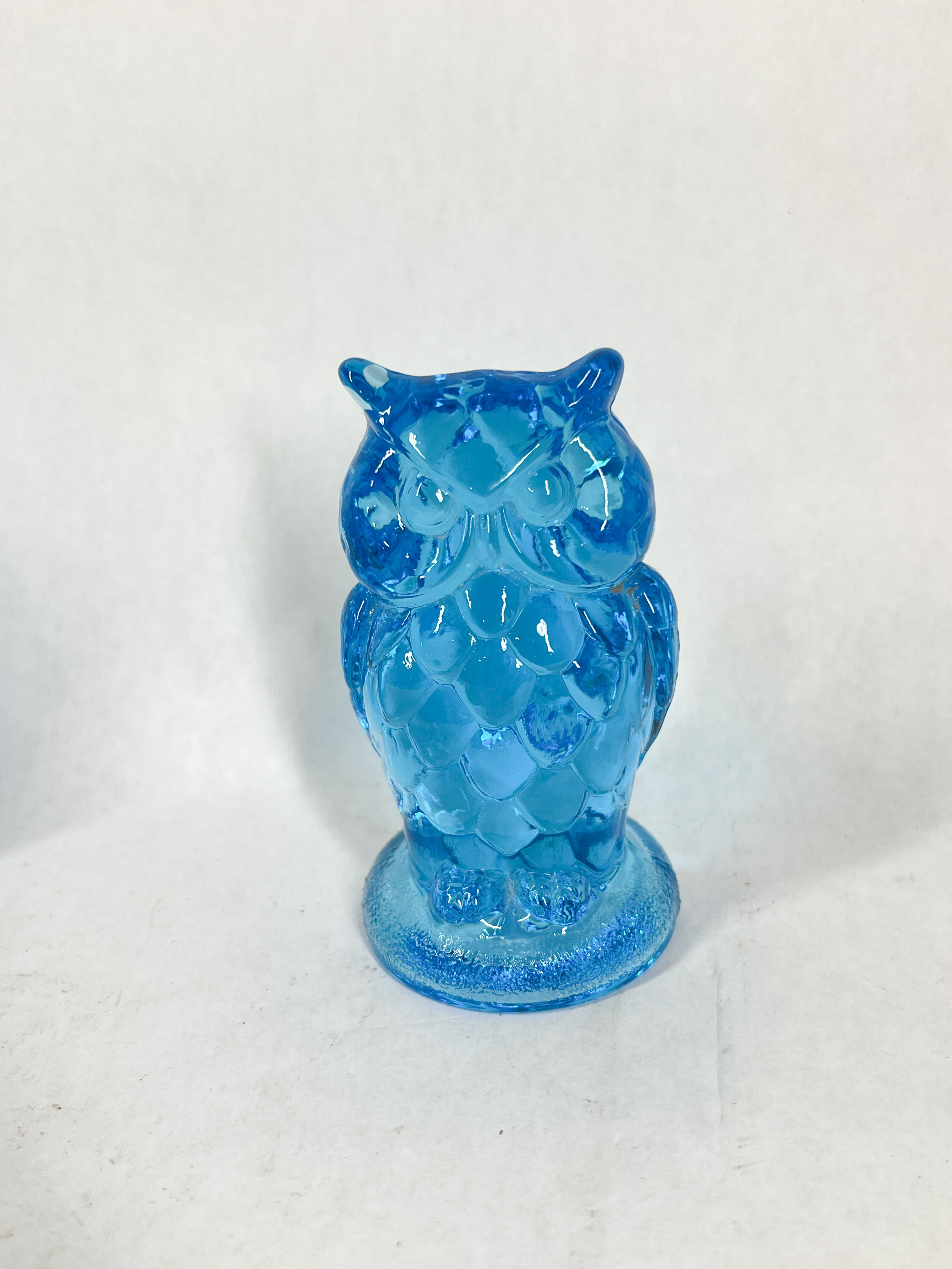 TWO BLUE GLASS OWL AND BOTTLE