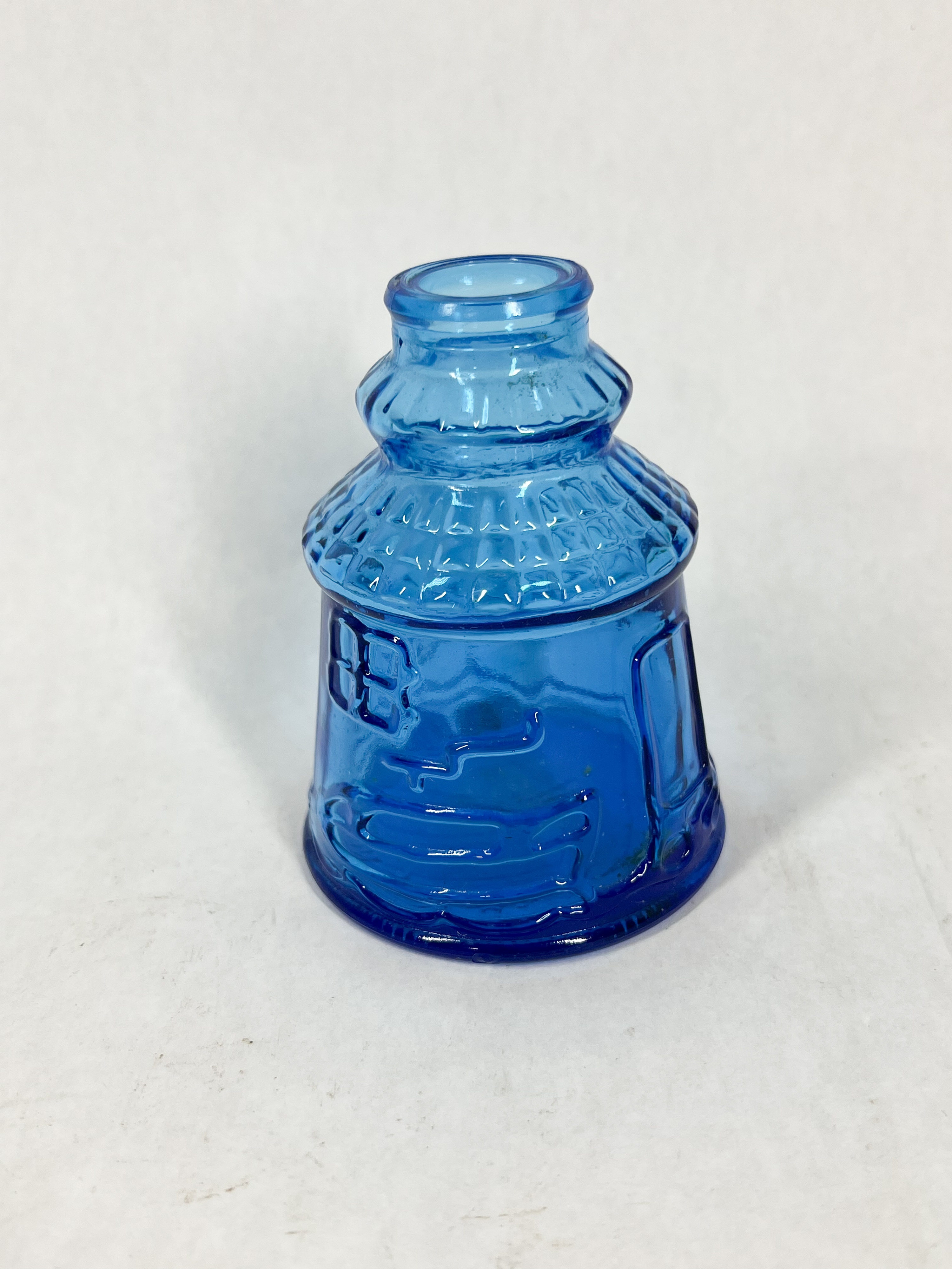 TWO BLUE GLASS OWL AND BOTTLE