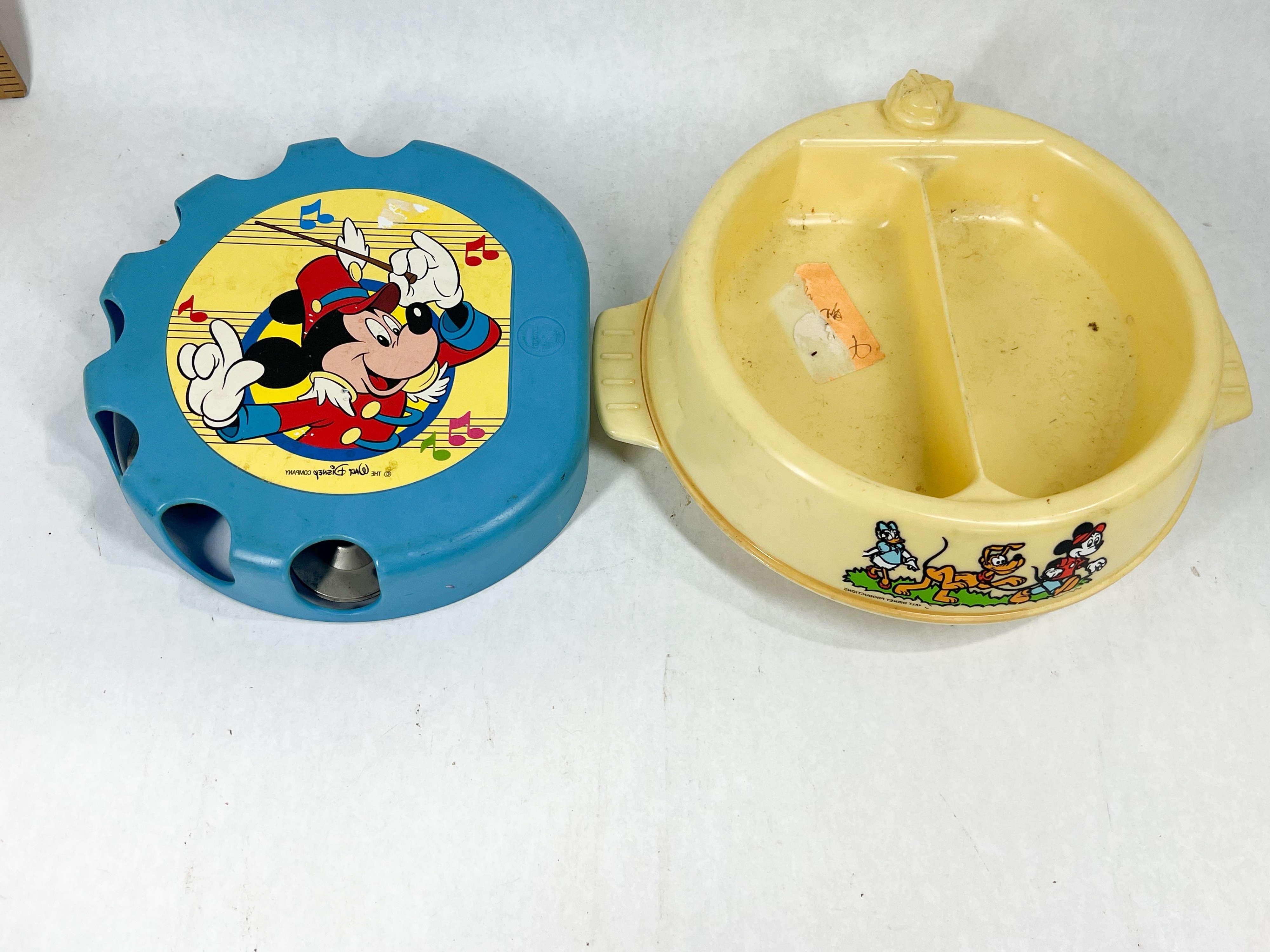 DISNEY PLASTIC WARMING BOWL AND TAMBOURINE