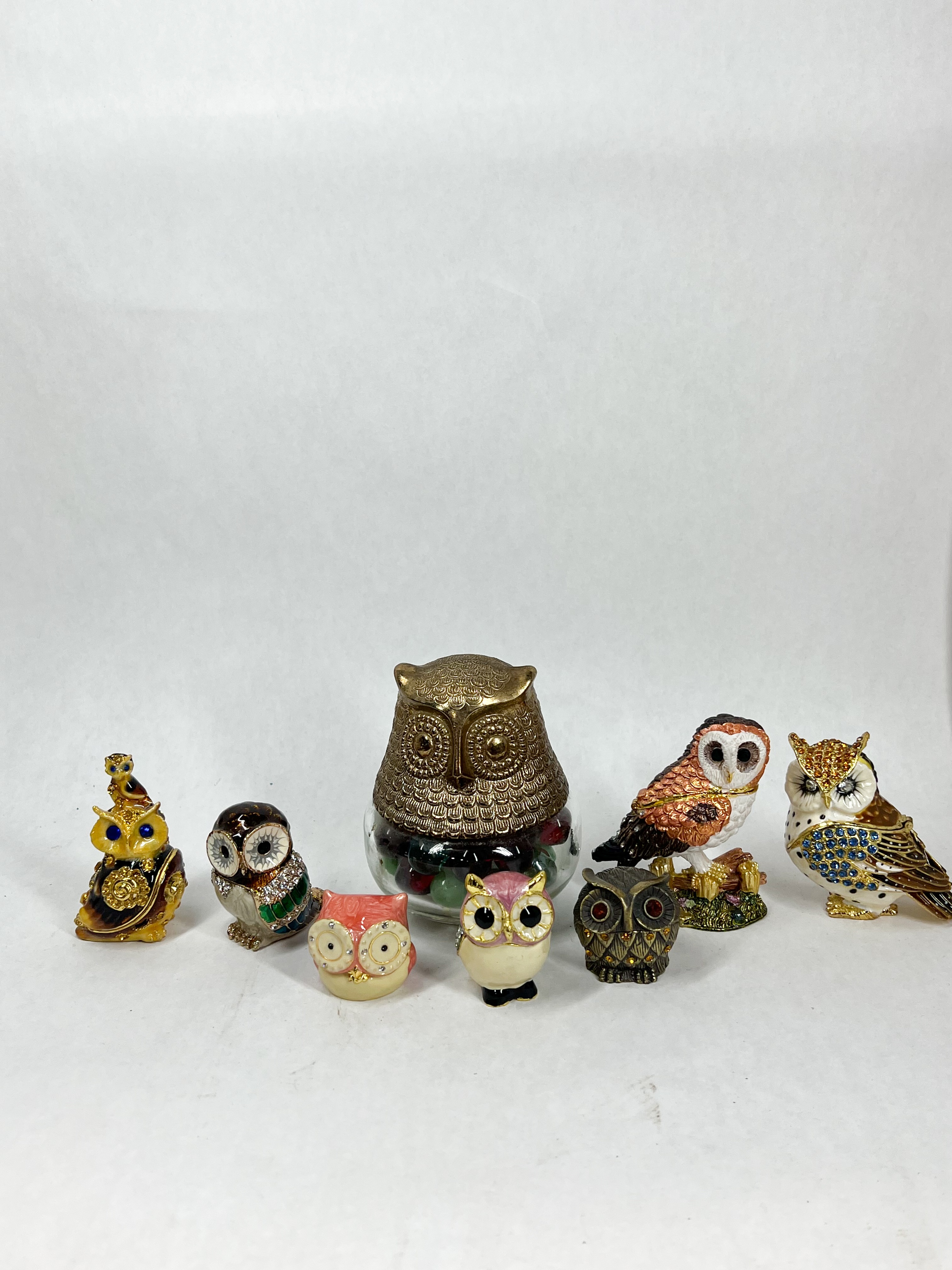 COLLECTION OF ENAMELED METAL OWL TRINKET BOXES