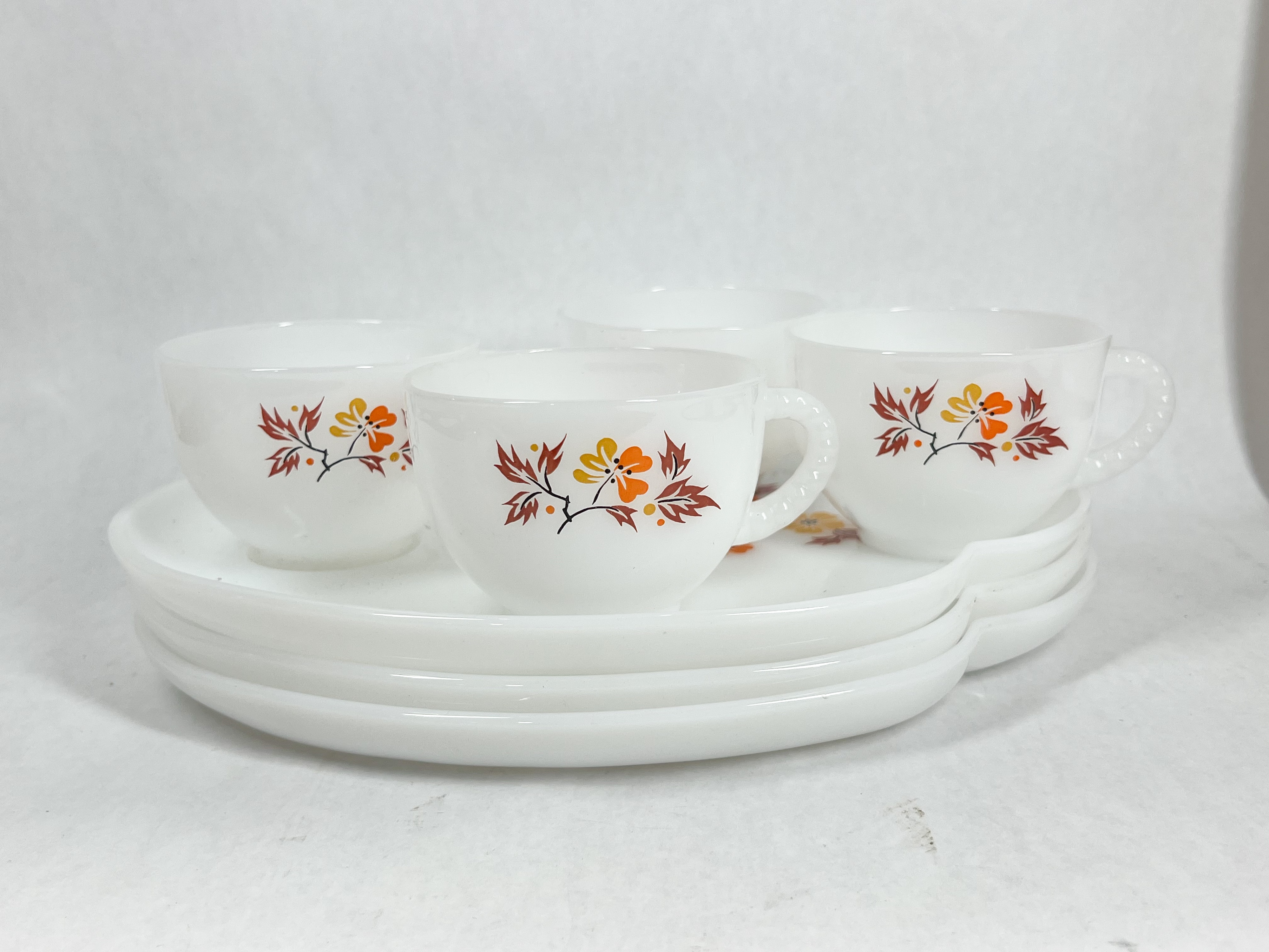 SET OF BLOSSOM MILK GLASS SNACK PLATES AND CUPS