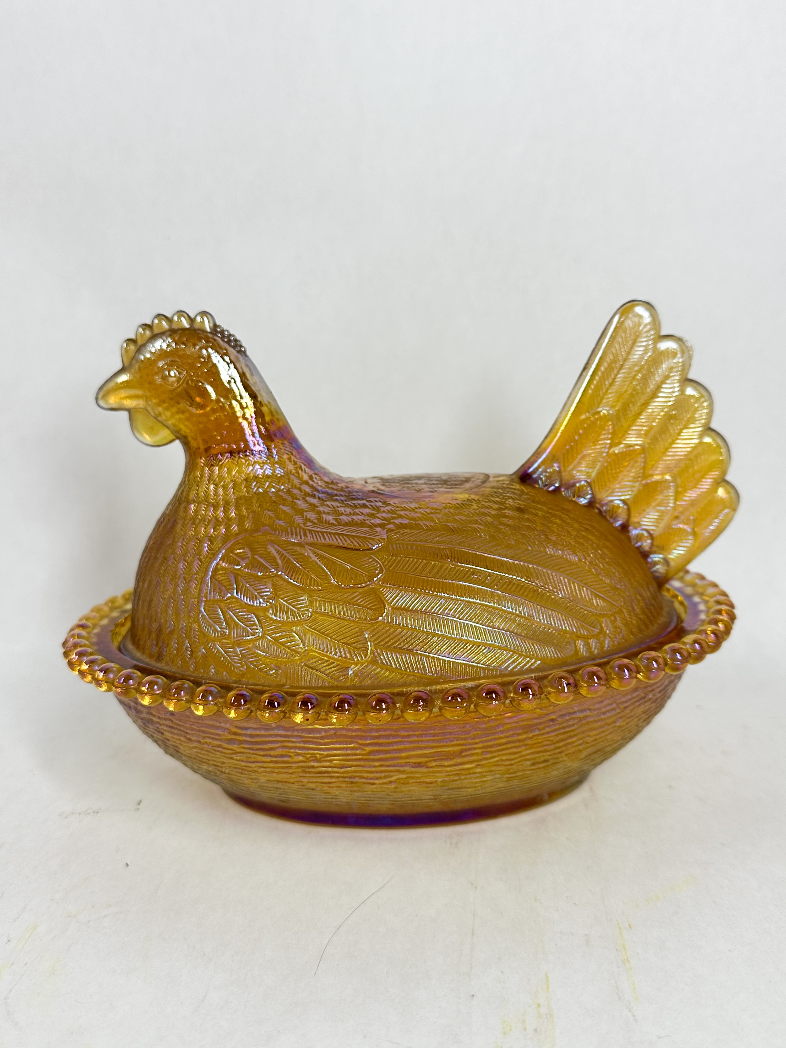 MARIGOLD CARNIVAL GLASS HEN ON NEST DISH