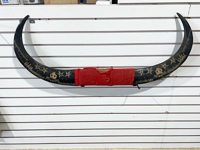 ETCHED WATER BUFFALO HORN WALL DISPLAY. A pair of hand-etched water buffalo horns mounted to a 