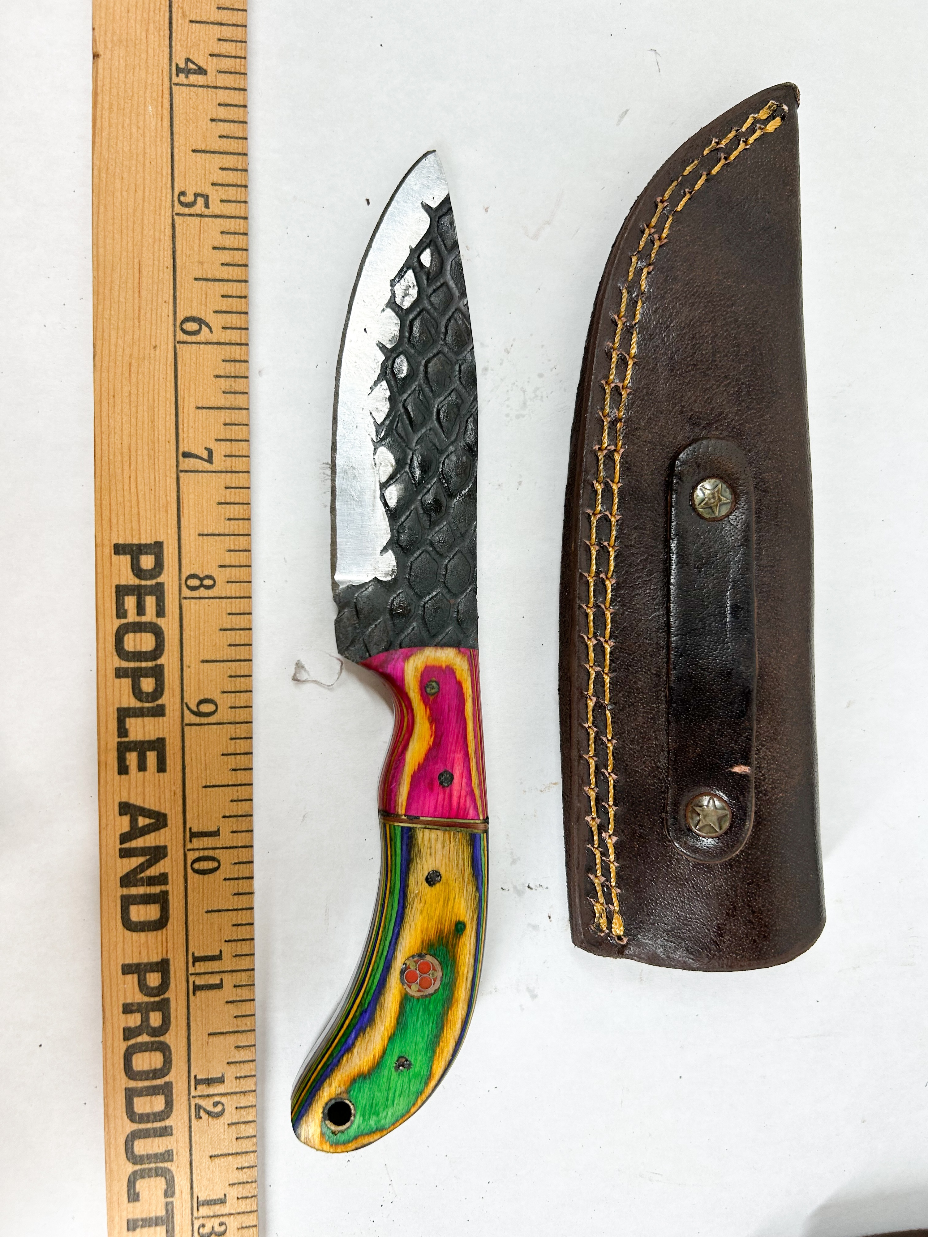DAMASCUS STEEL FIXED BLADE SKINNING KNIFE AND SHEATH