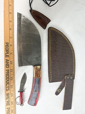 DAMASCUS STEEL CLEAVER AND MINIATURE KNIFE SET. Two fixed blade knives featuring pattern-welded 