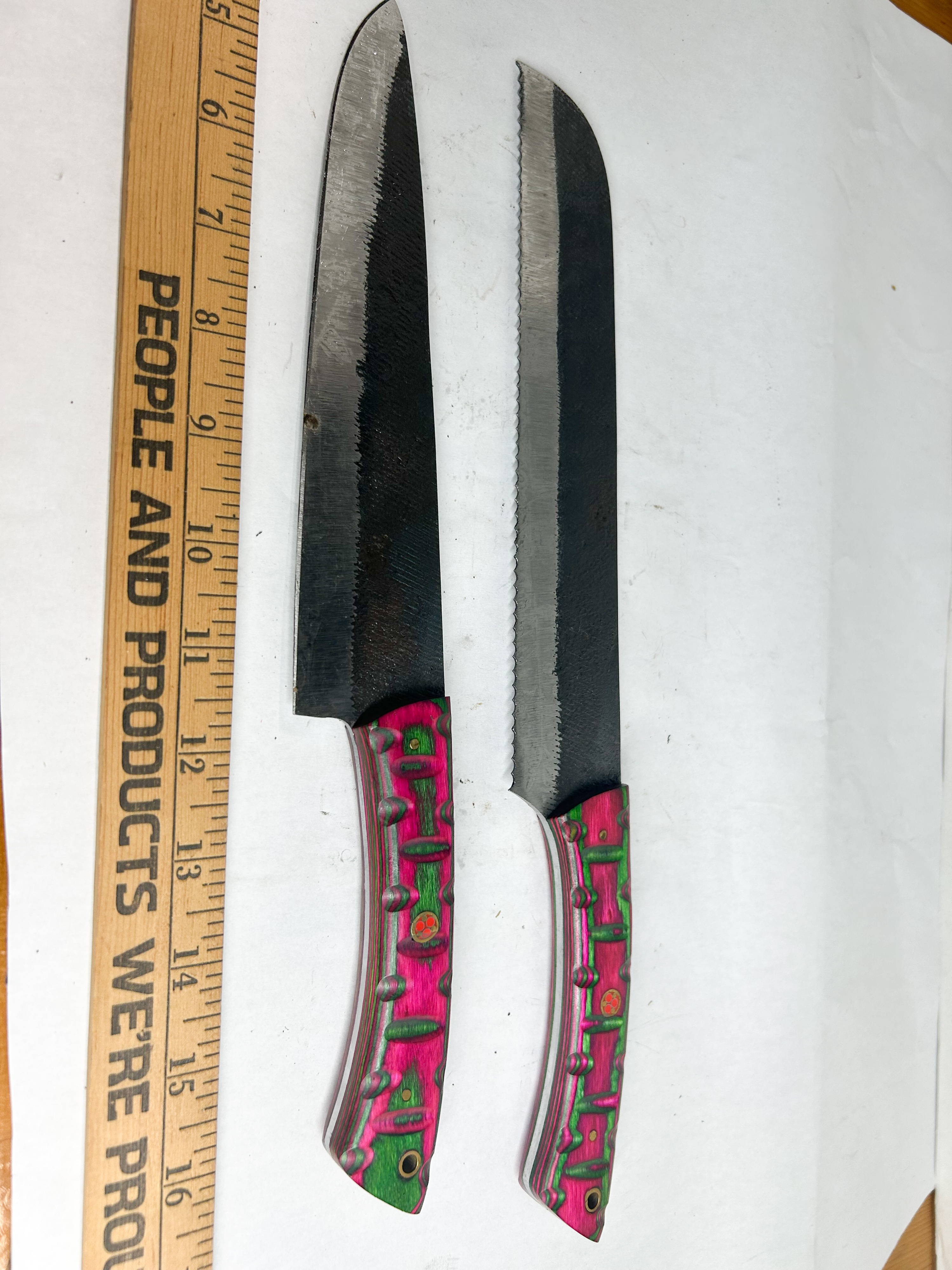 DAMASCUS PAIR OF CUSTOM FILE STEEL UTILITY KNIVES