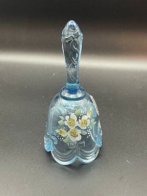 Vintage Fenton Hand Painted and Signed Aqua Blue Glass Bell; with Flowers 4.5" Condition Yes 