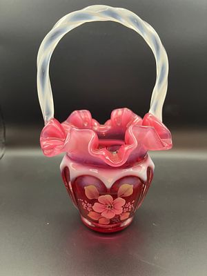 Vintage Fenton Cranberry Hand Painted and Signed Glass Basket RARE Legacy Collection 95th 